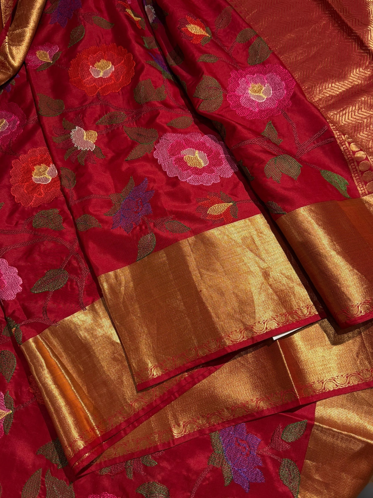 Maroonish Red Kanchi Soft Silk Saree with allover jamdani inspired embroidery