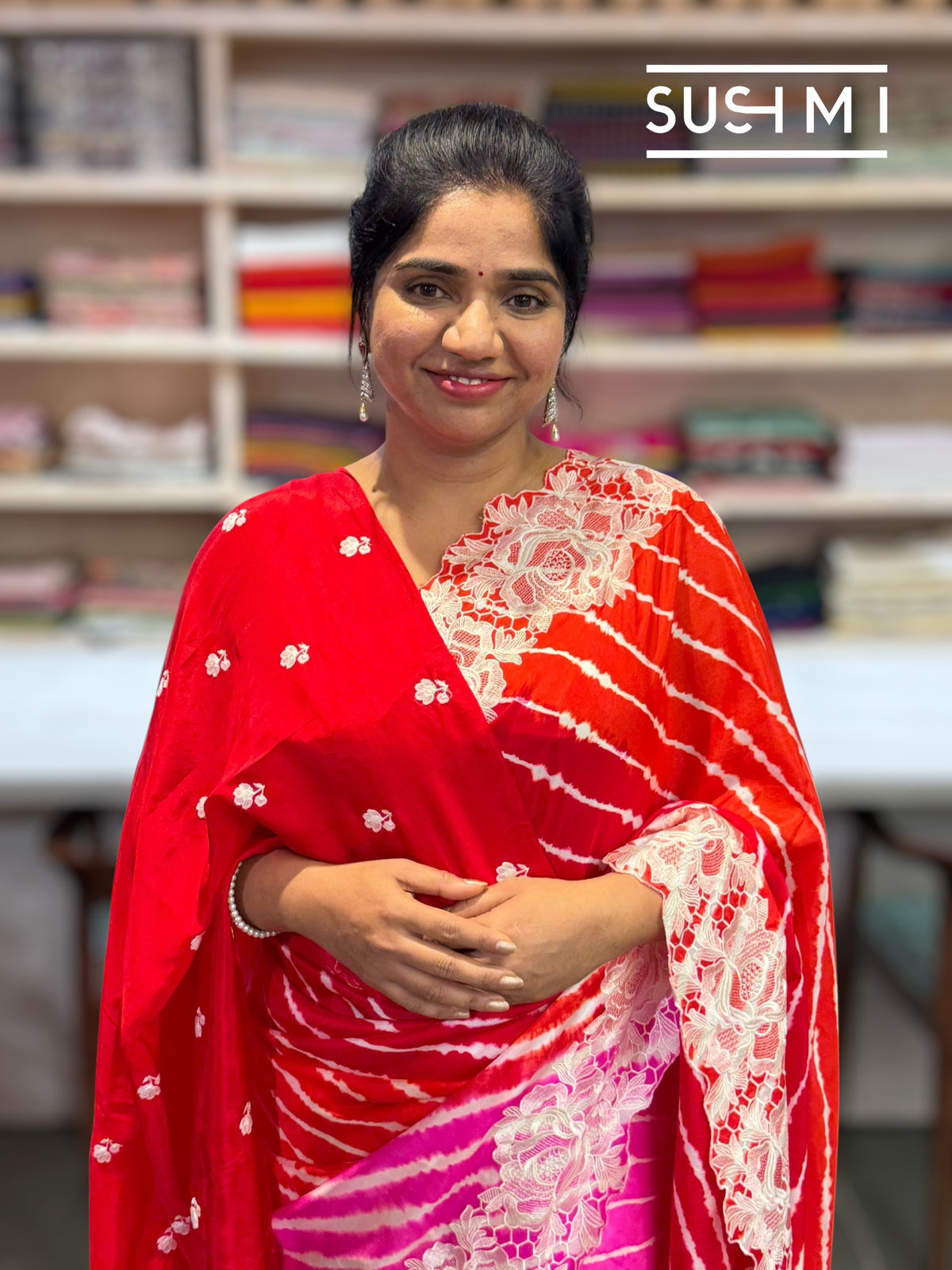 Orange and Pink Ombre dyed habutai satin Silk lehariya Saree S62F063