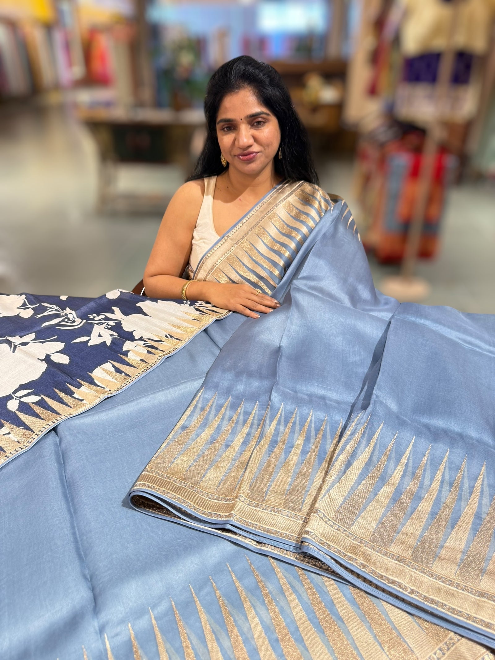 Greysih Blue Pure Organza With Temple Embroidered Border & Tussar Printed Blouse