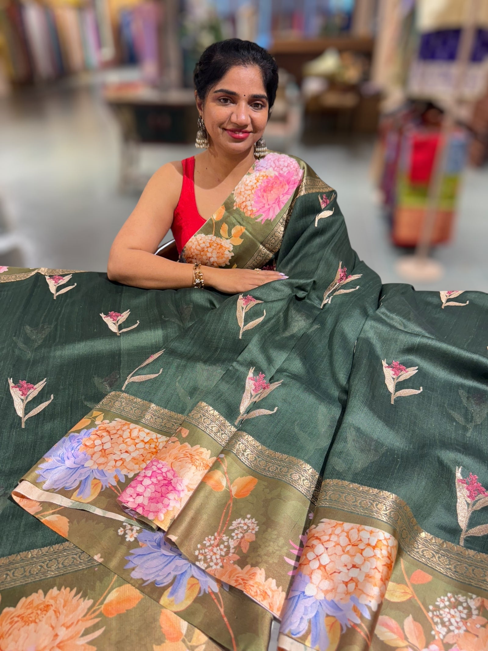 Forest Green Tussar Dhupion Saree with Floral printed mashru borders
