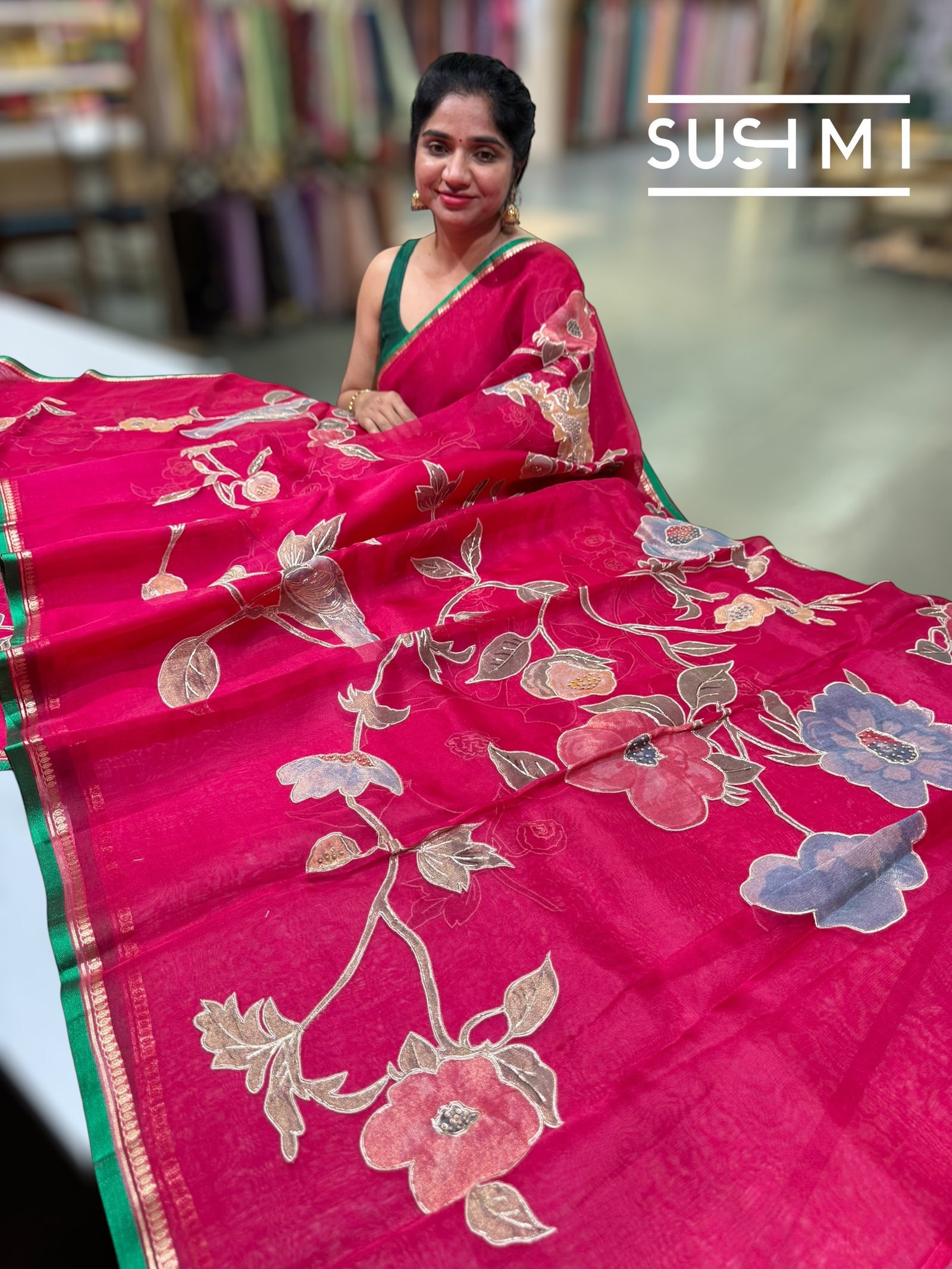 Ruby Pink Designer Organza with Tissue applique work : S62F093