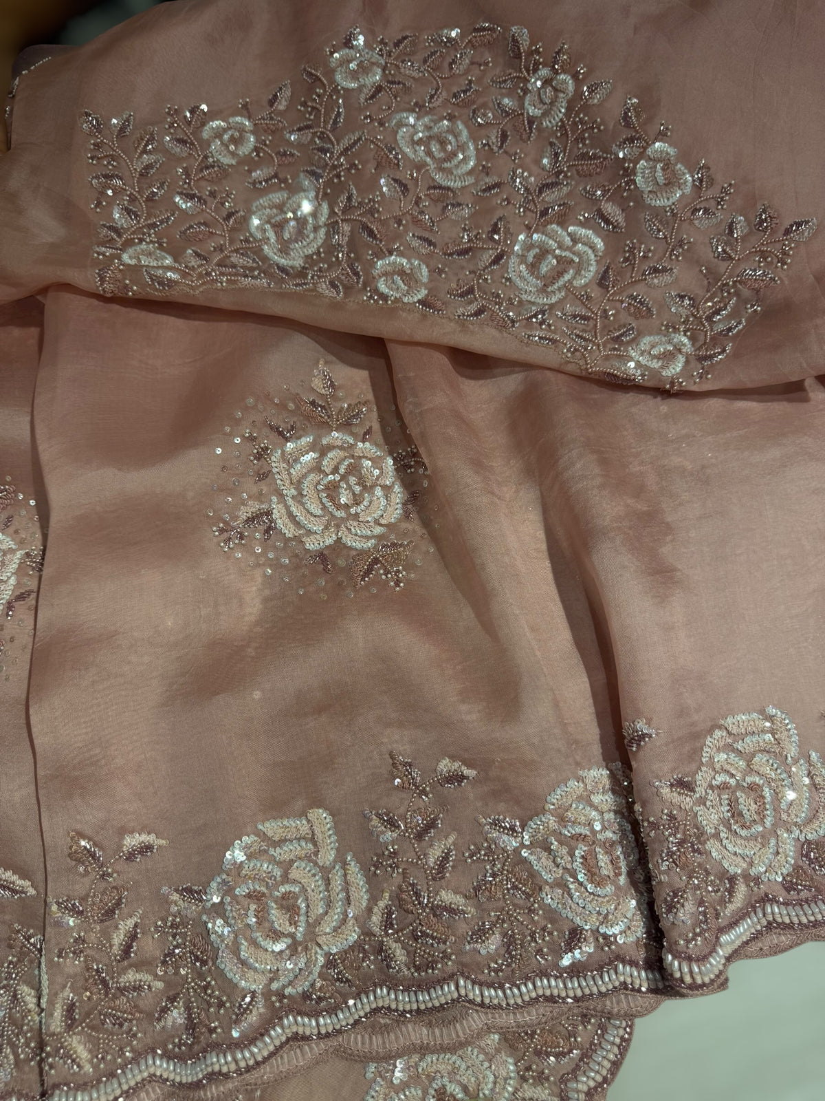 Nude Pink Organza with Rose handwork