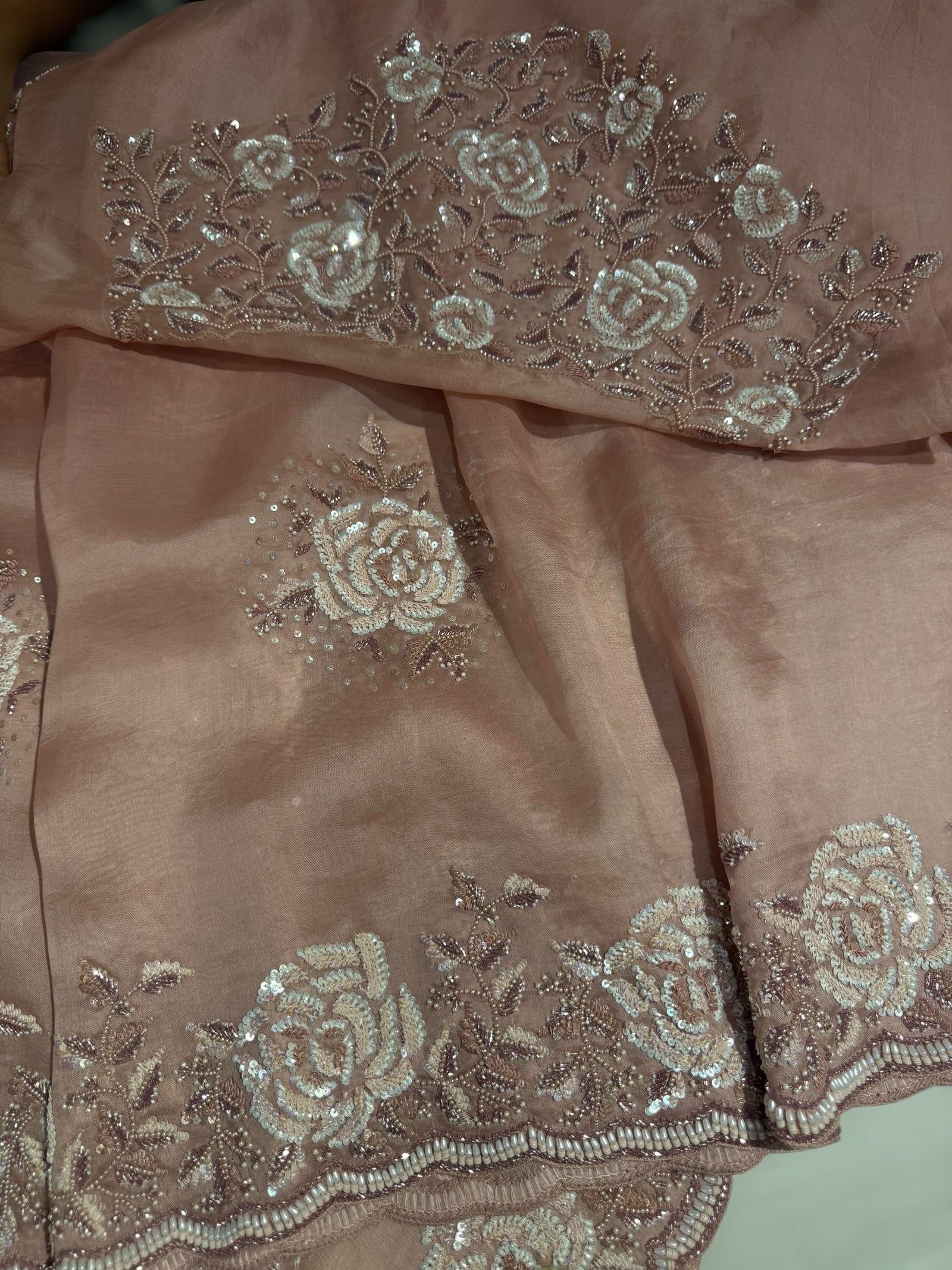 Nude Pink Organza with Rose handwork