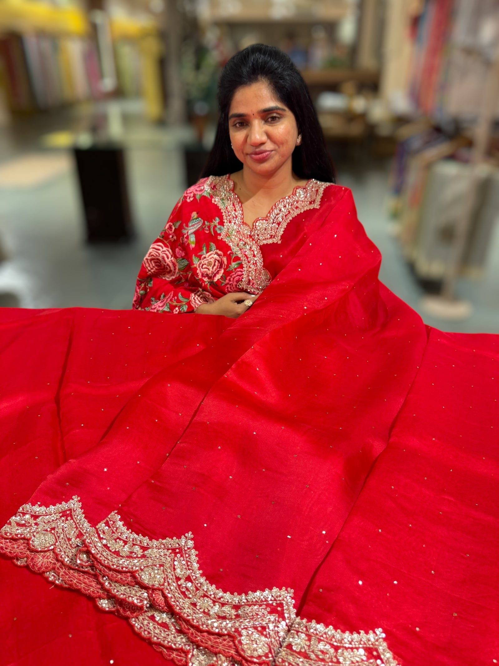 Chilli Red Pure Organza Handwork Saree with heavy Designer Blouse