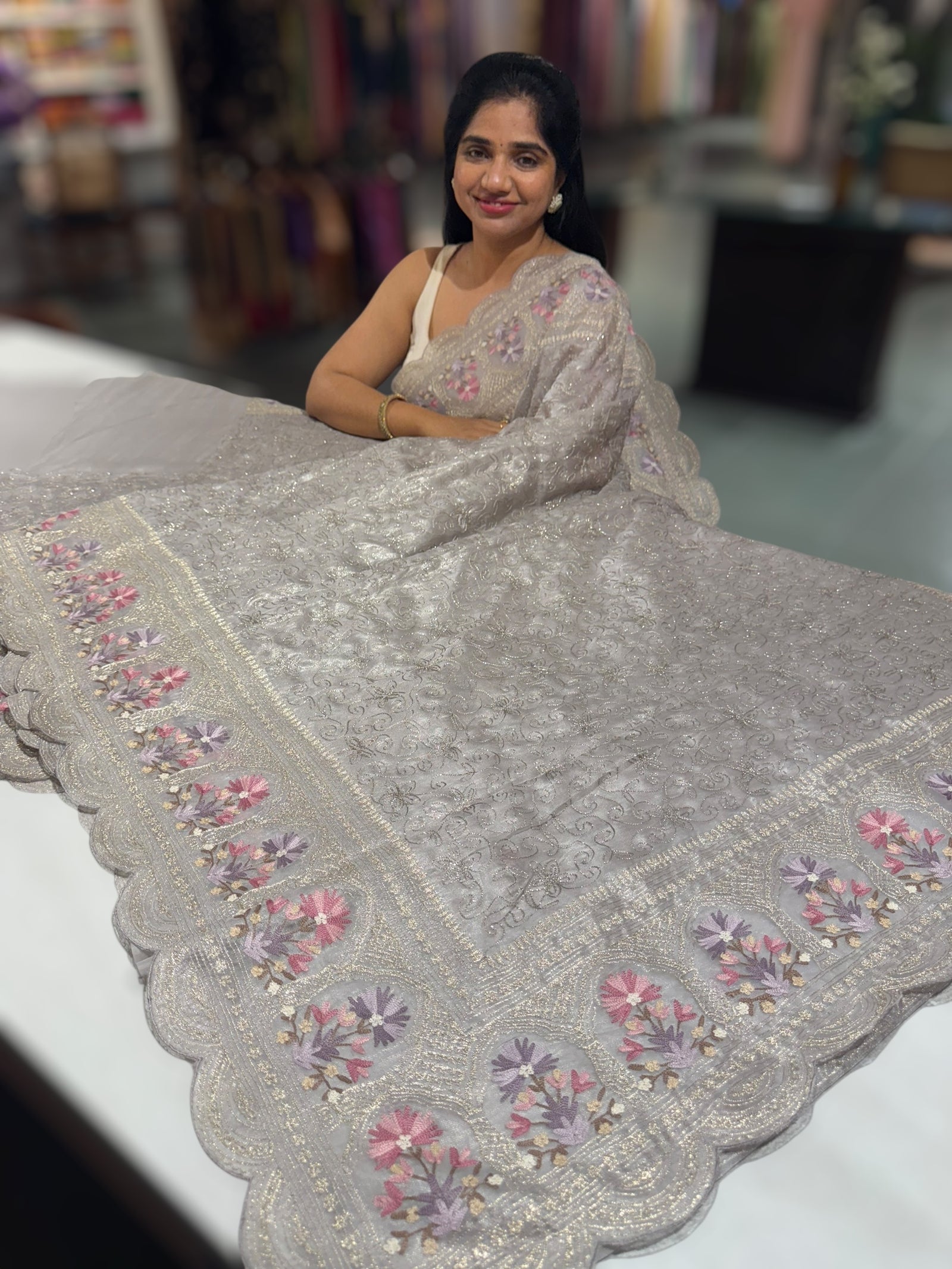 Greyish Silver Glass Organza Saree with allover embroidery
