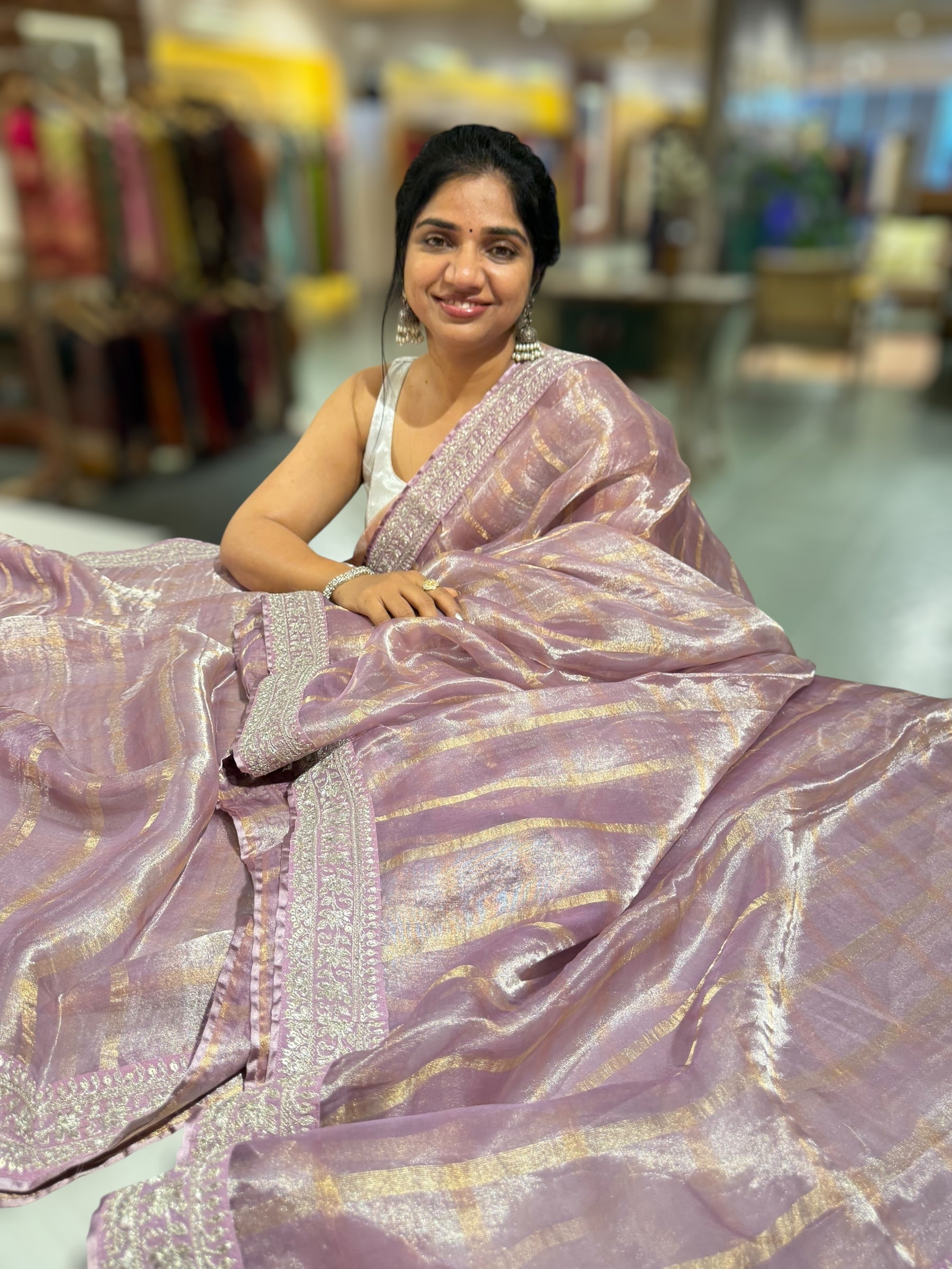 Lilac Banarasi Tissue checks Saree with Sabyasachi Borders