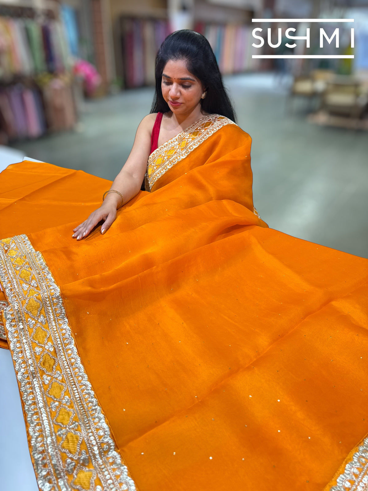 Marygold Orange pure Organza with sabhya borders : S62F146