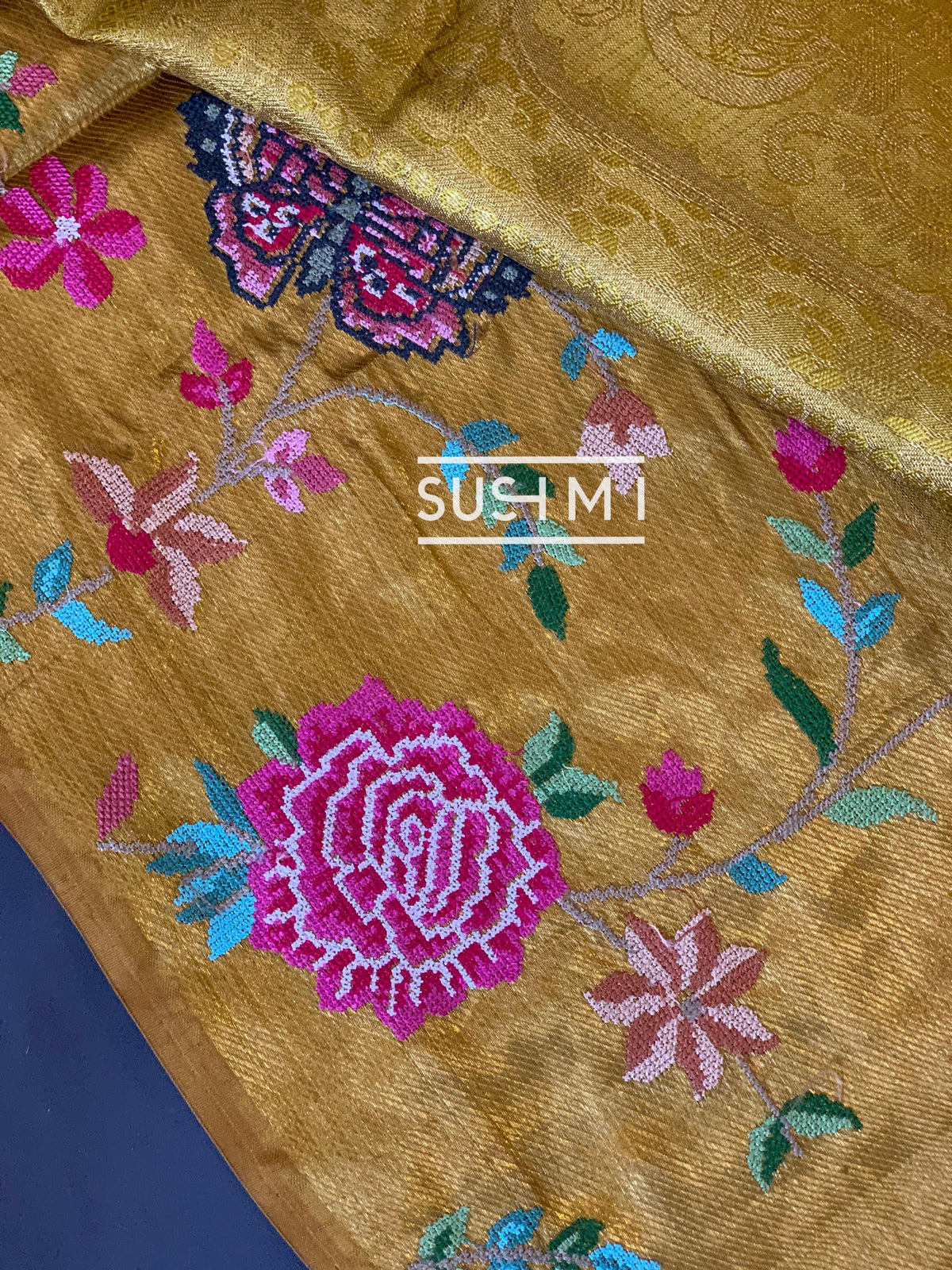 Gold Kanjeevaram Tissue Sareewith petite point embroidery : S62F086