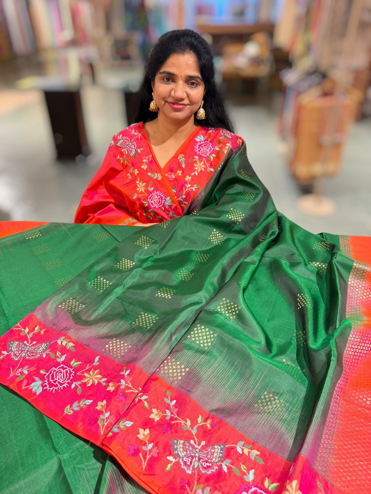 Bottle Green Kanchi Soft Silk Saree with petite point embroidered border