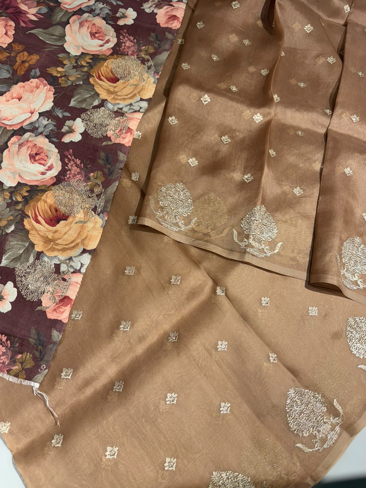 Nude Brown Organza Saree With Embroidery & Tussar Printed Blouse