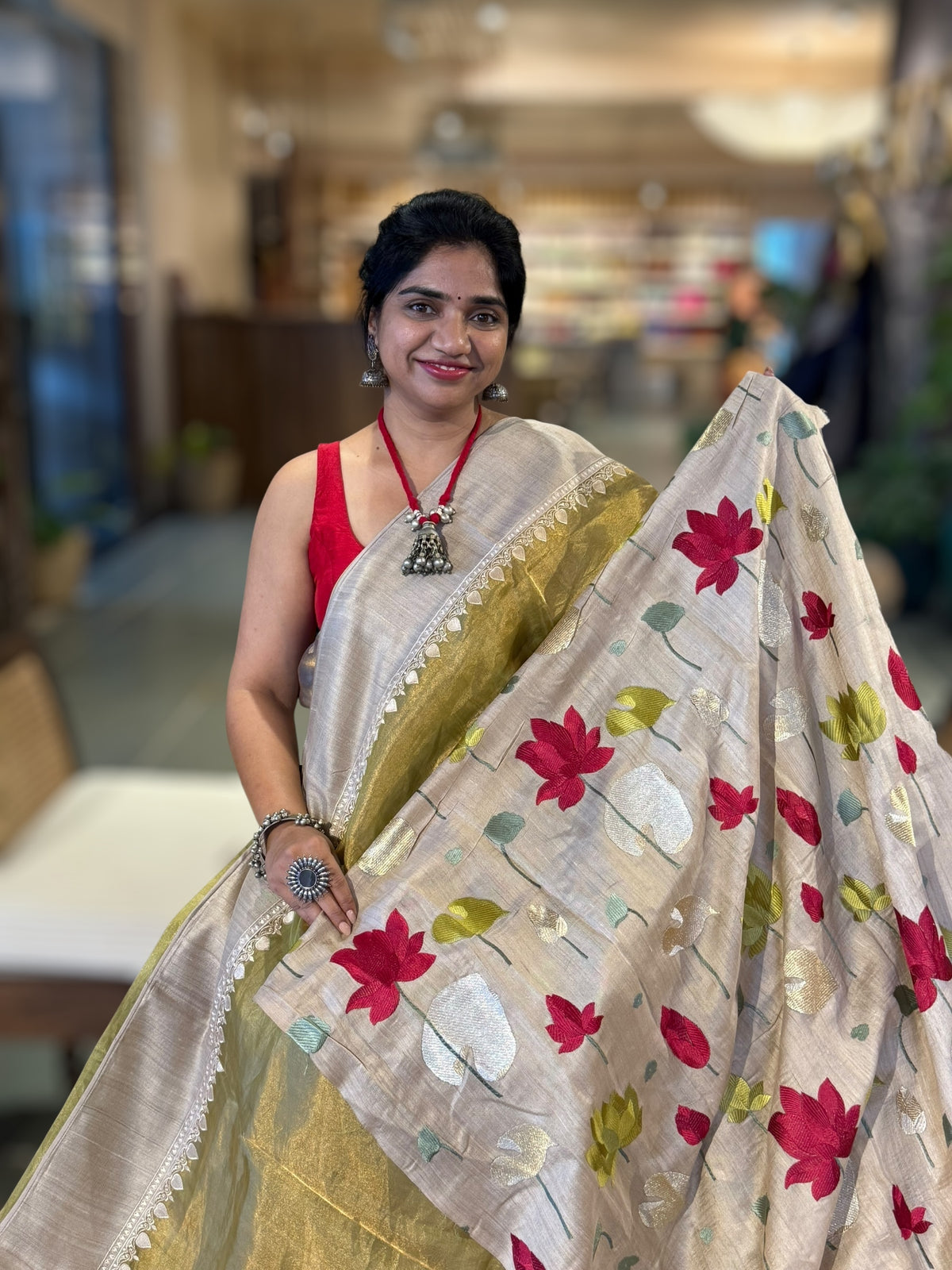 Lime Green Designer Handloom Tissue Saree With Tulip embroidery