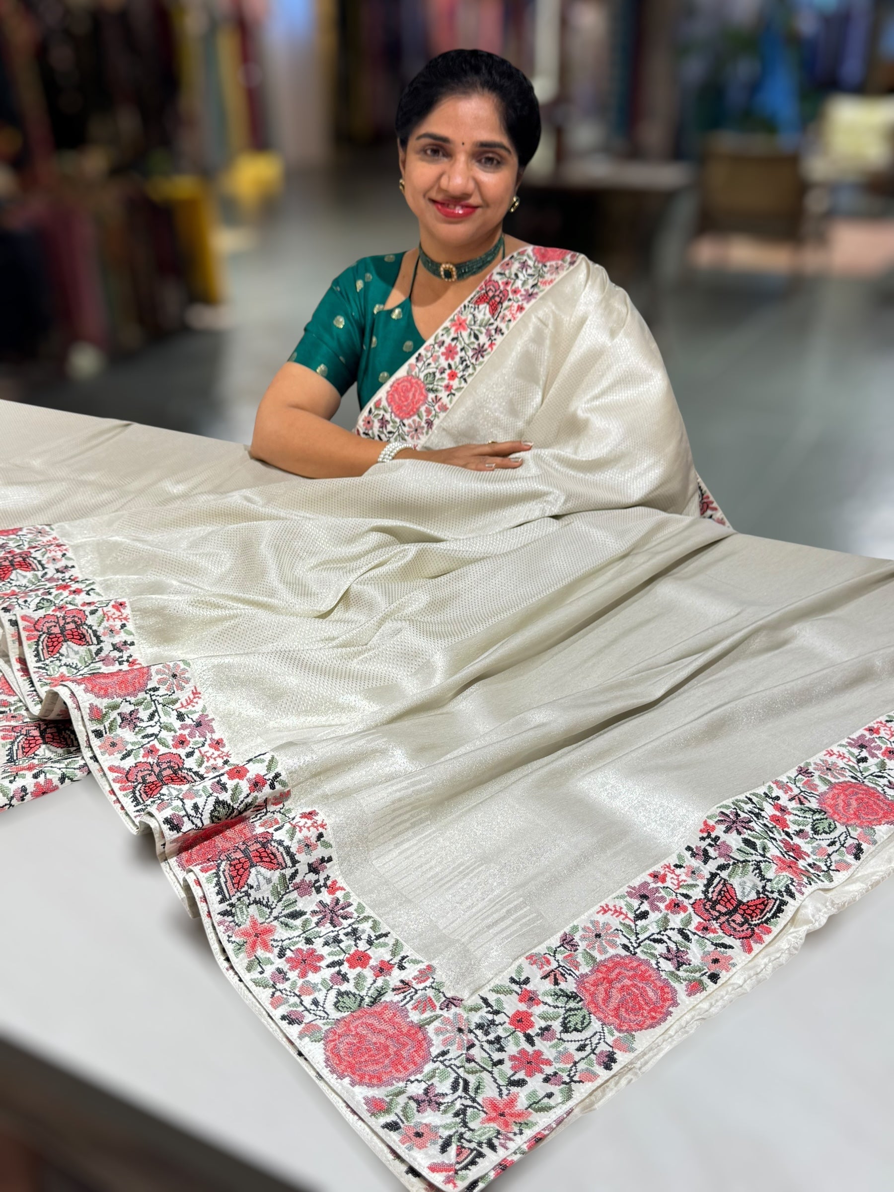 Half White Banarasi  brocade Silk Saree with Petite Point Embroidered Border.