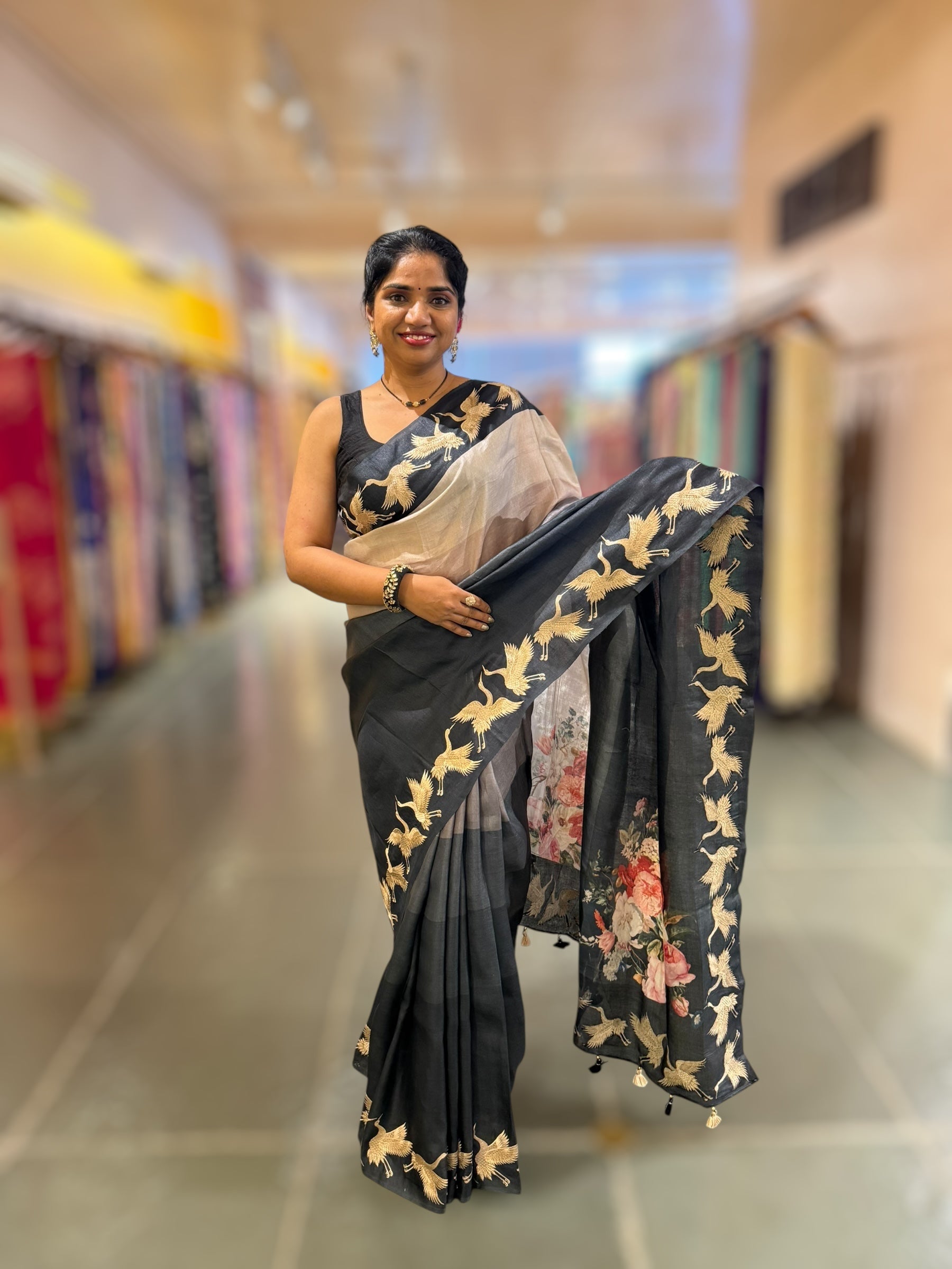 Tussar Rangkaat Saree With Crane Bird  Embroidered Border
