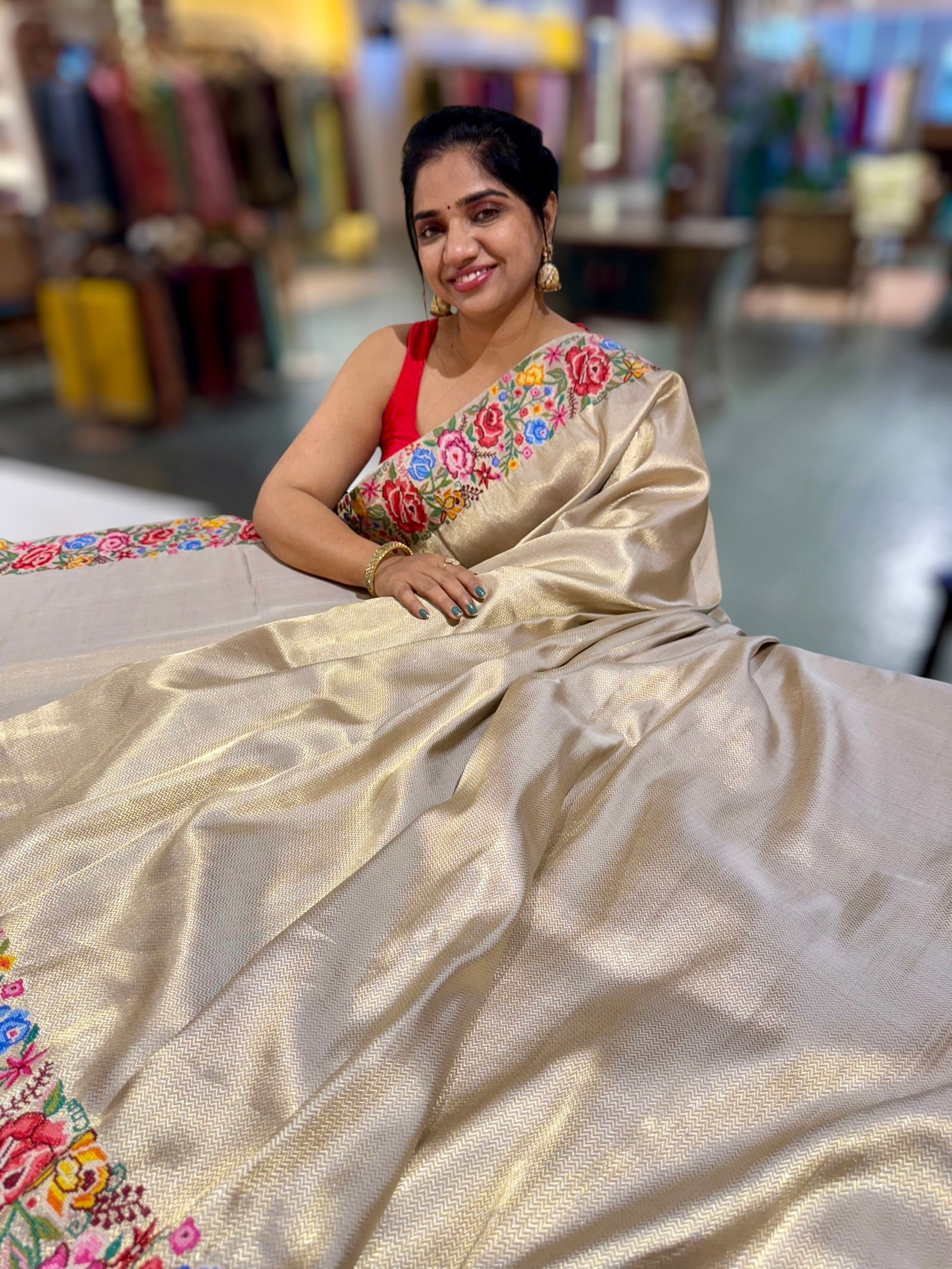 Beigish Taupe Green Kanchi Brocade Tissue Saree with Petite Point Embroidered Border