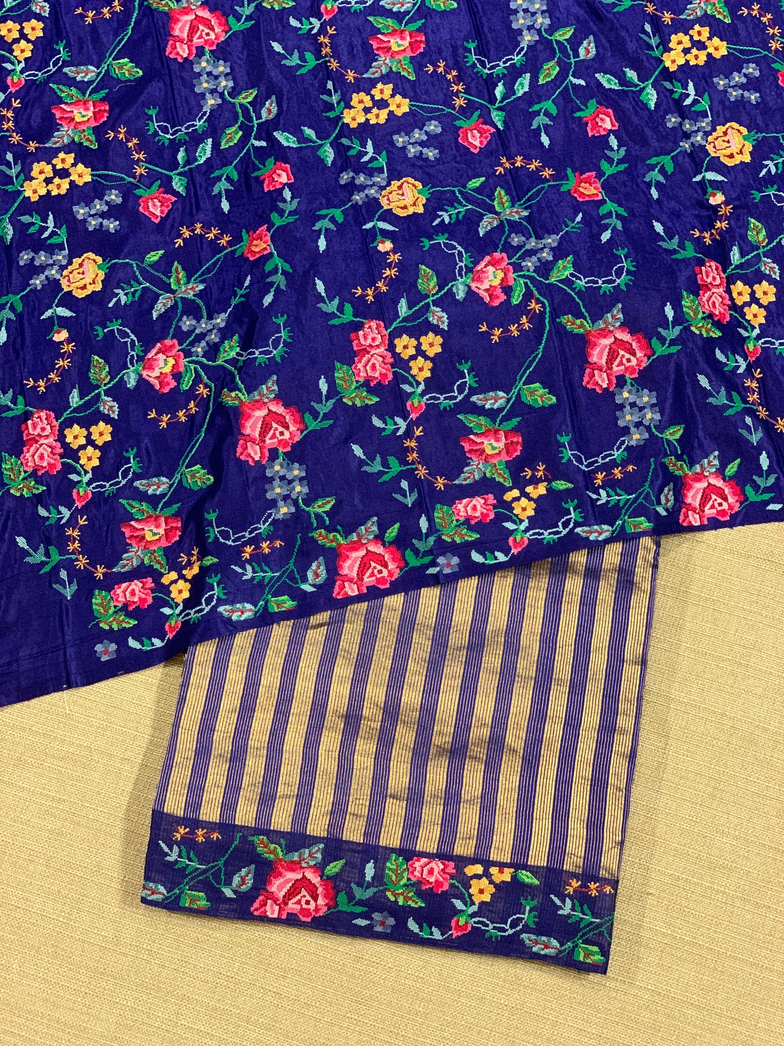 Blue Banarasi Tissue stripes Saree with petite point embroidery