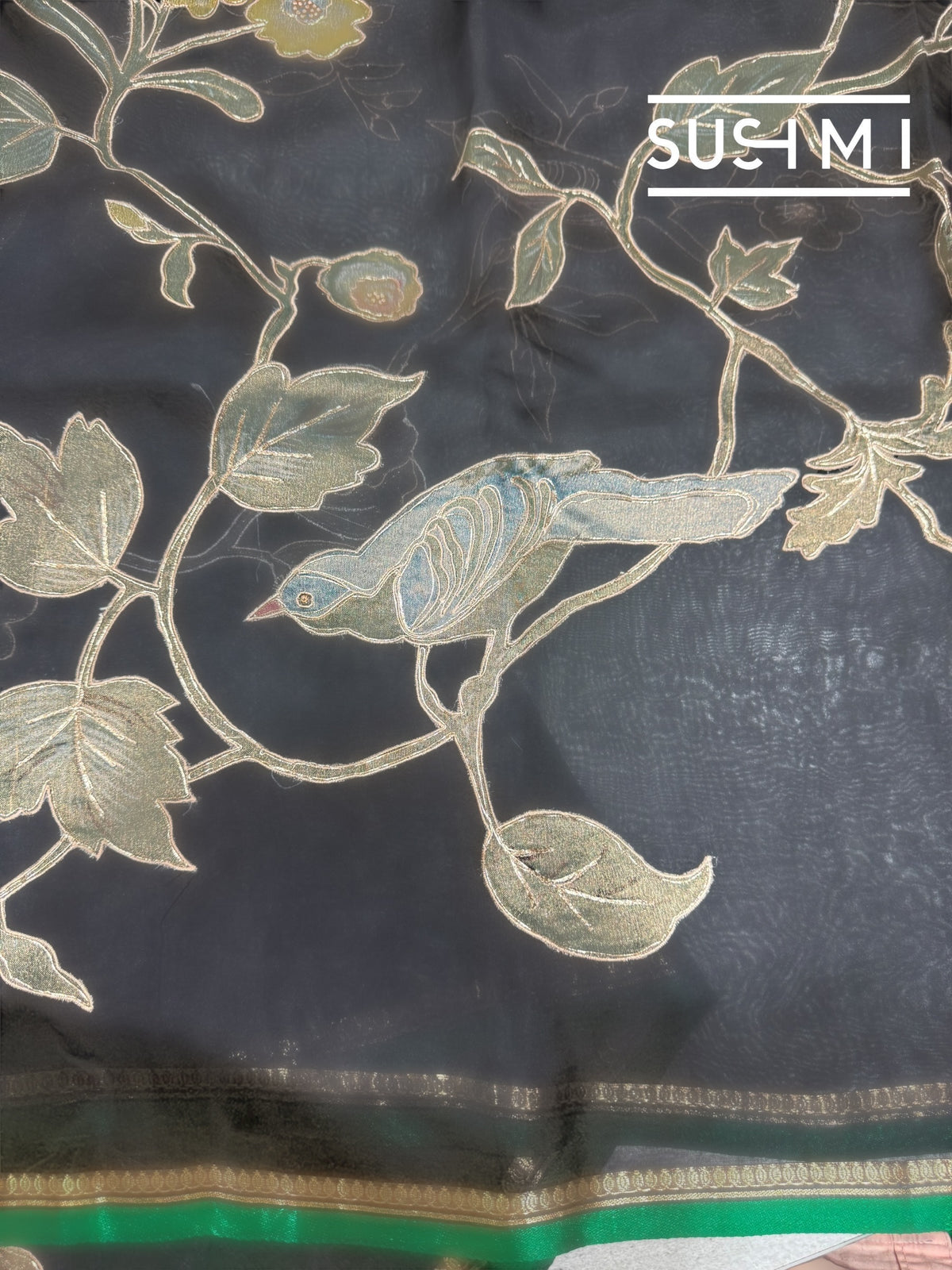 Black Designer Organza with Tissue applique work : S62F094