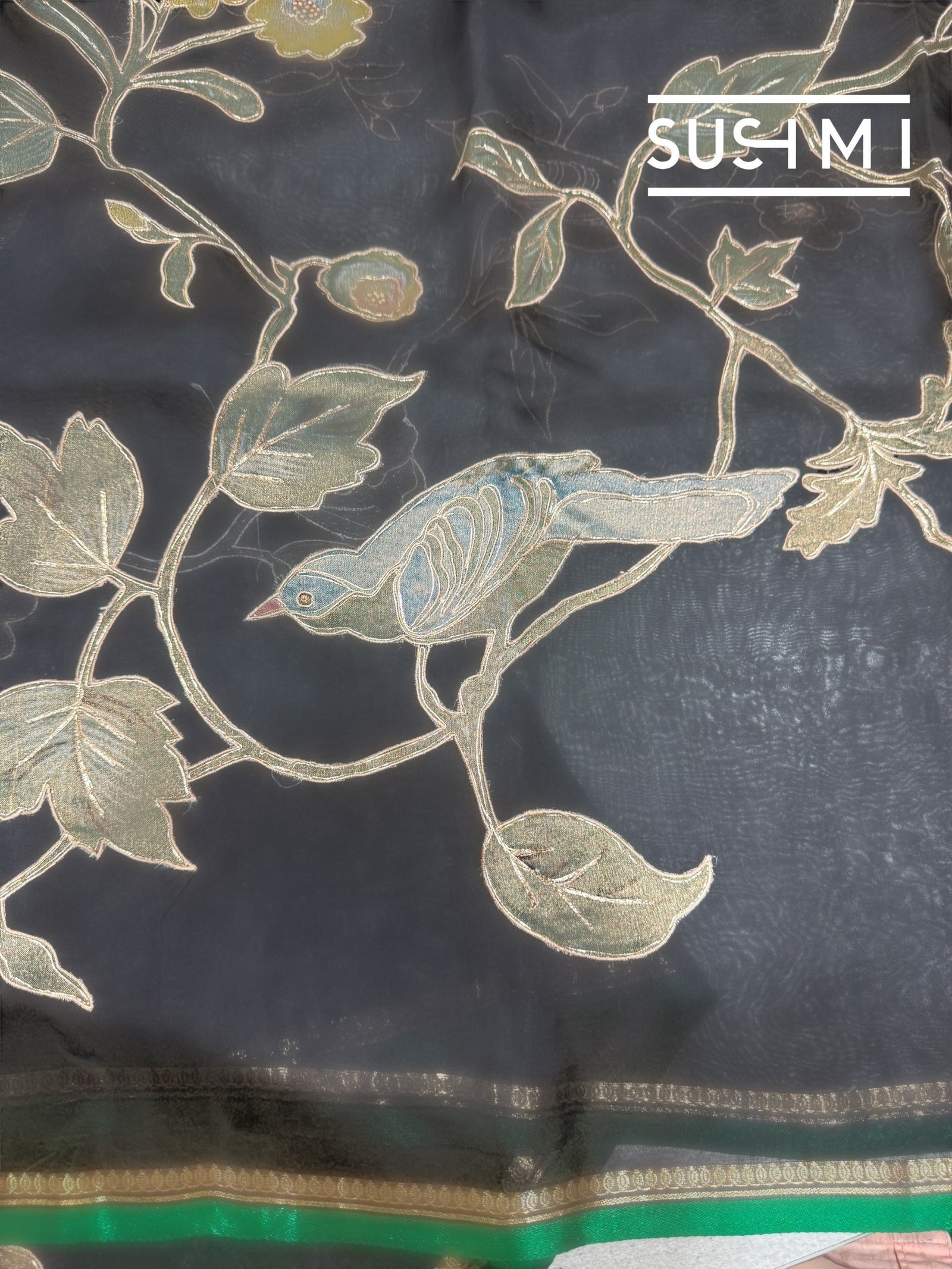 Black Designer Organza with Tissue applique work : S62F094