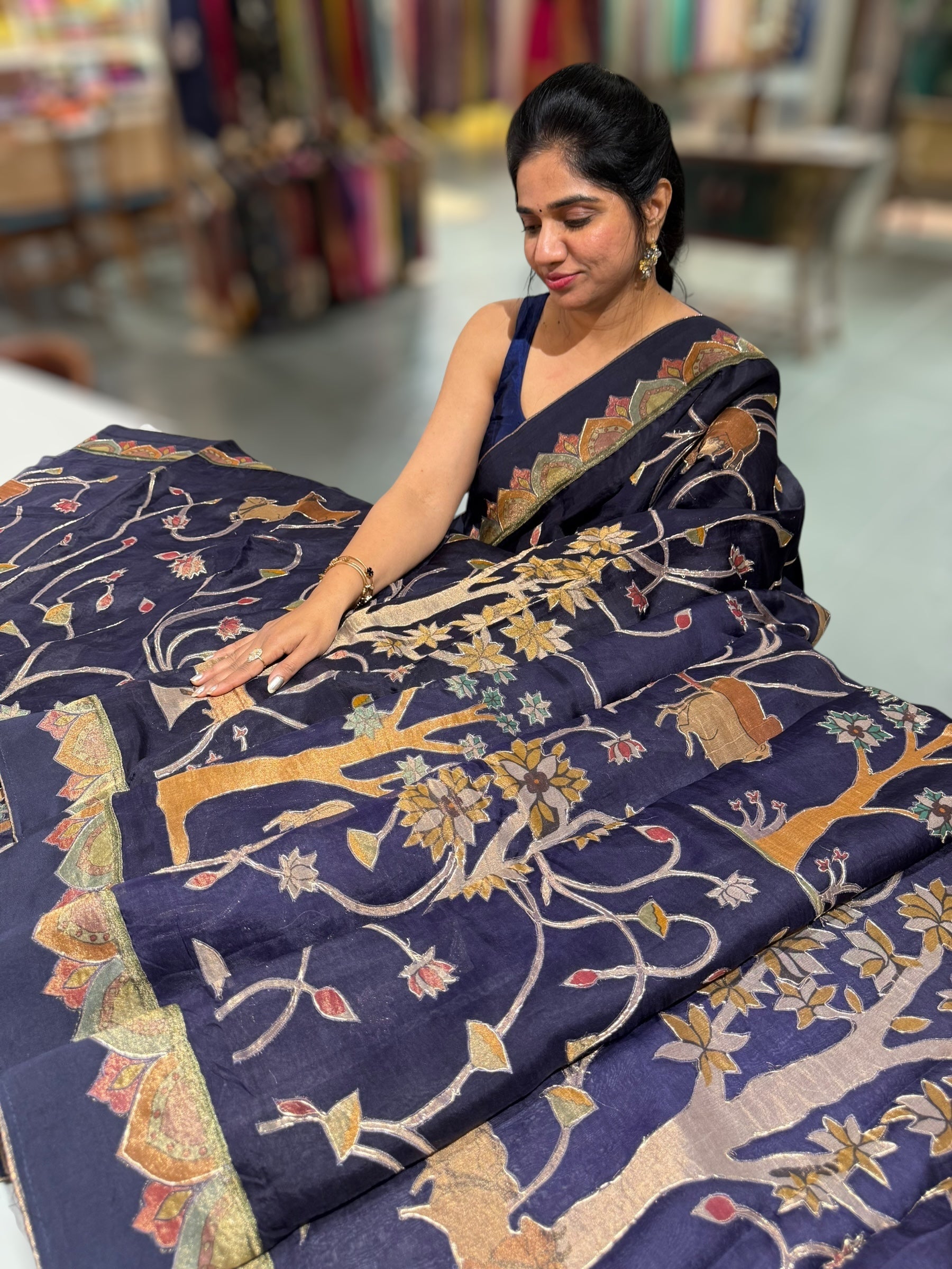 Violet Designer Organza Saree with Stunning Tissue Applique work Saree with Village theme