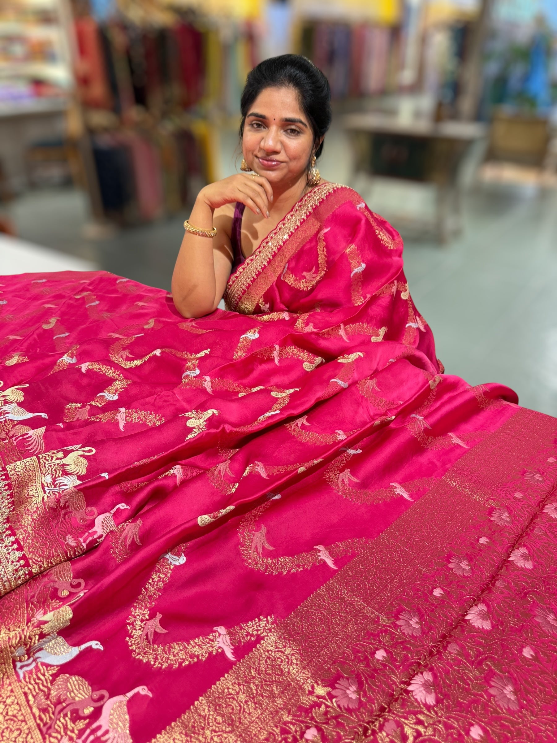 Dark Pink Mashru Silk Saree with allover weaving and Sahbysachi borders and Blouse