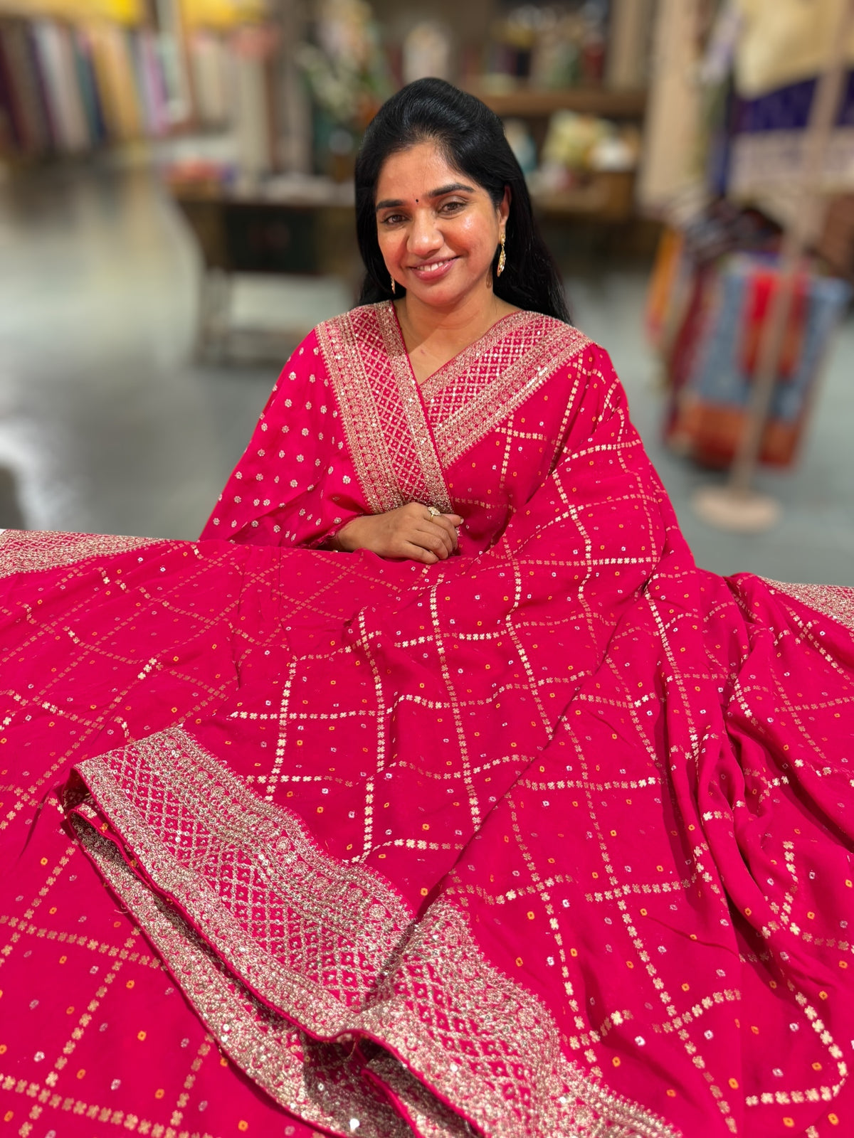 Dark Pink Fancy Banarasi Bandhini georgette saree with sabhyasachi borders and blouse
