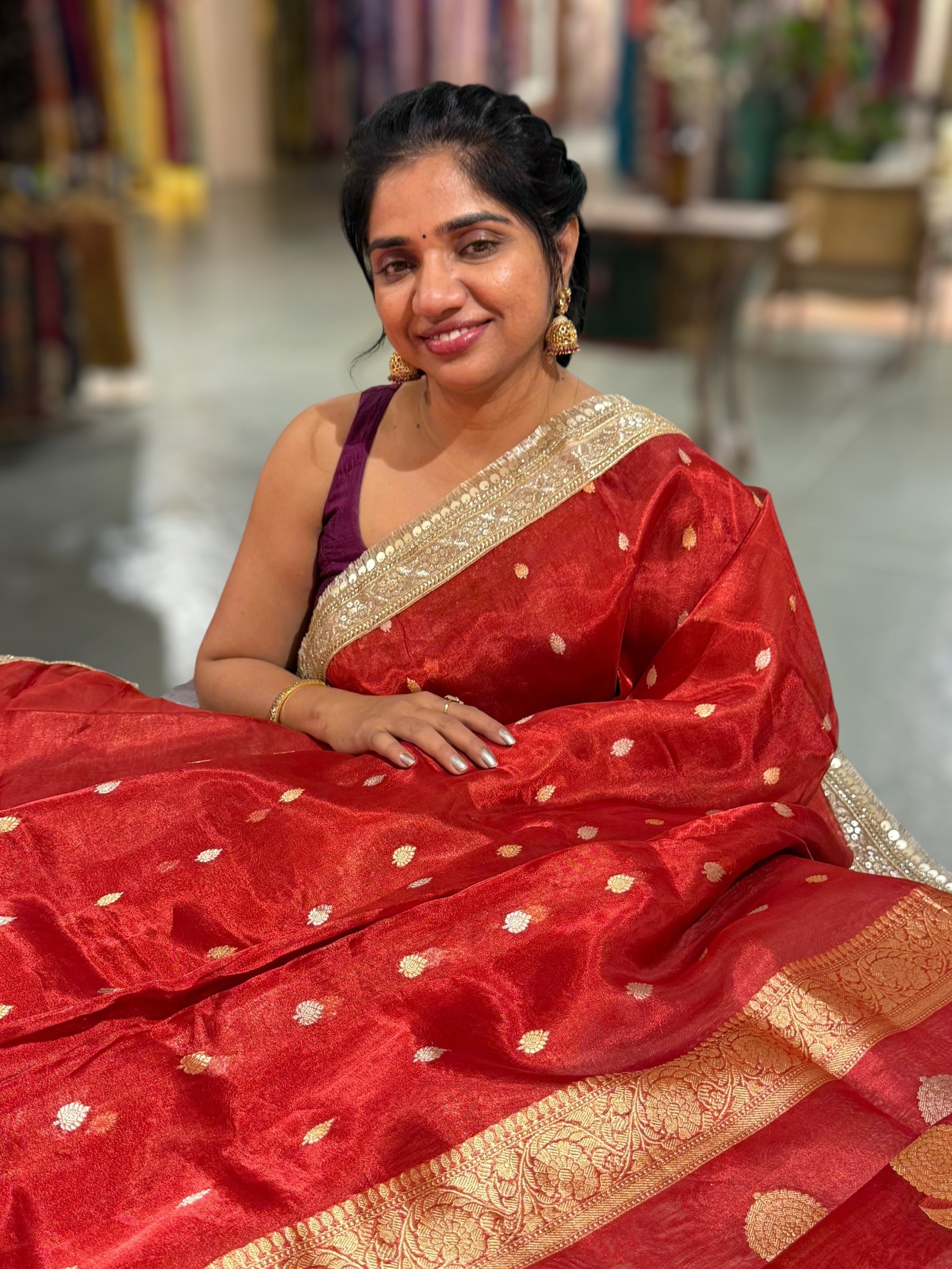 Red Pure handloom Banarasi Tissue saree