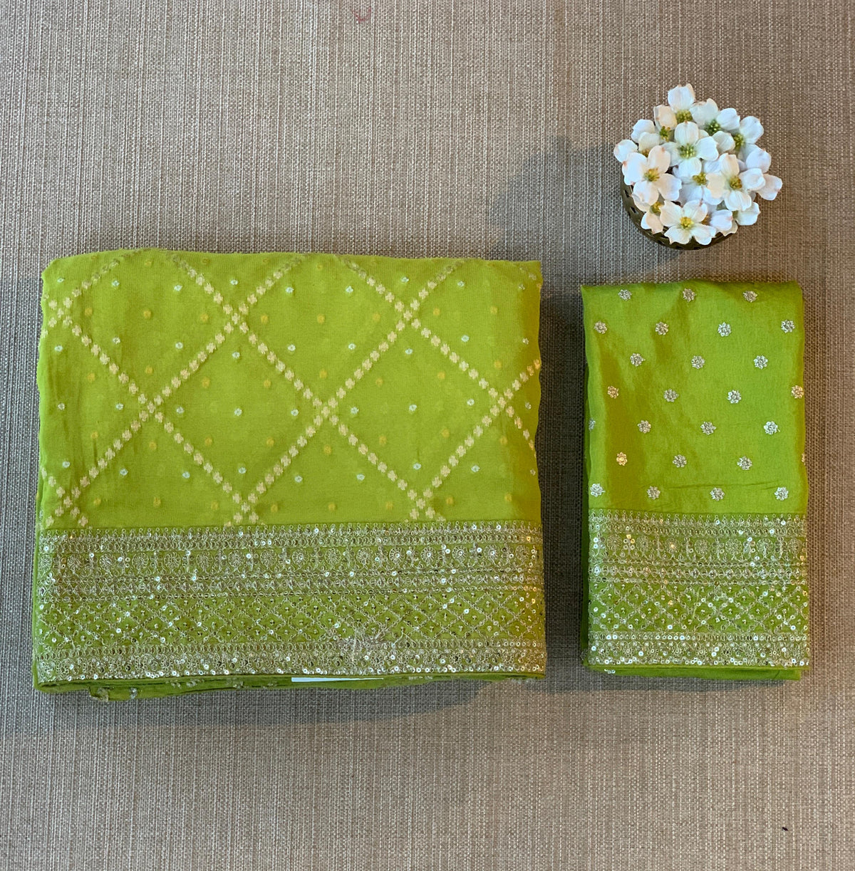 Parrot Green Fancy Banarasi Bandhini georgette saree with sabhyasachi borders and blouse