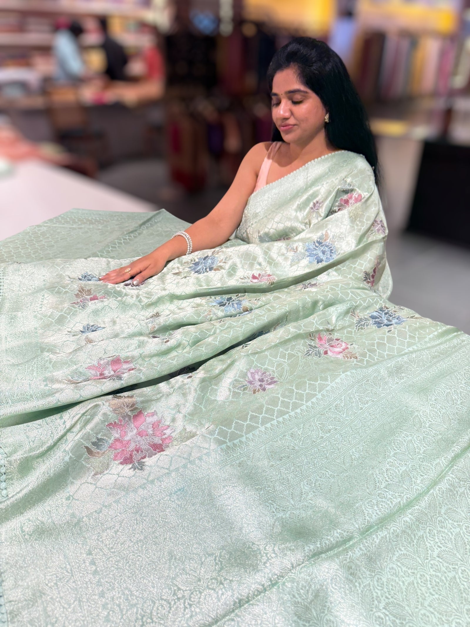 Mint Banarasi Brocade tissue saree with allover floral embroidery