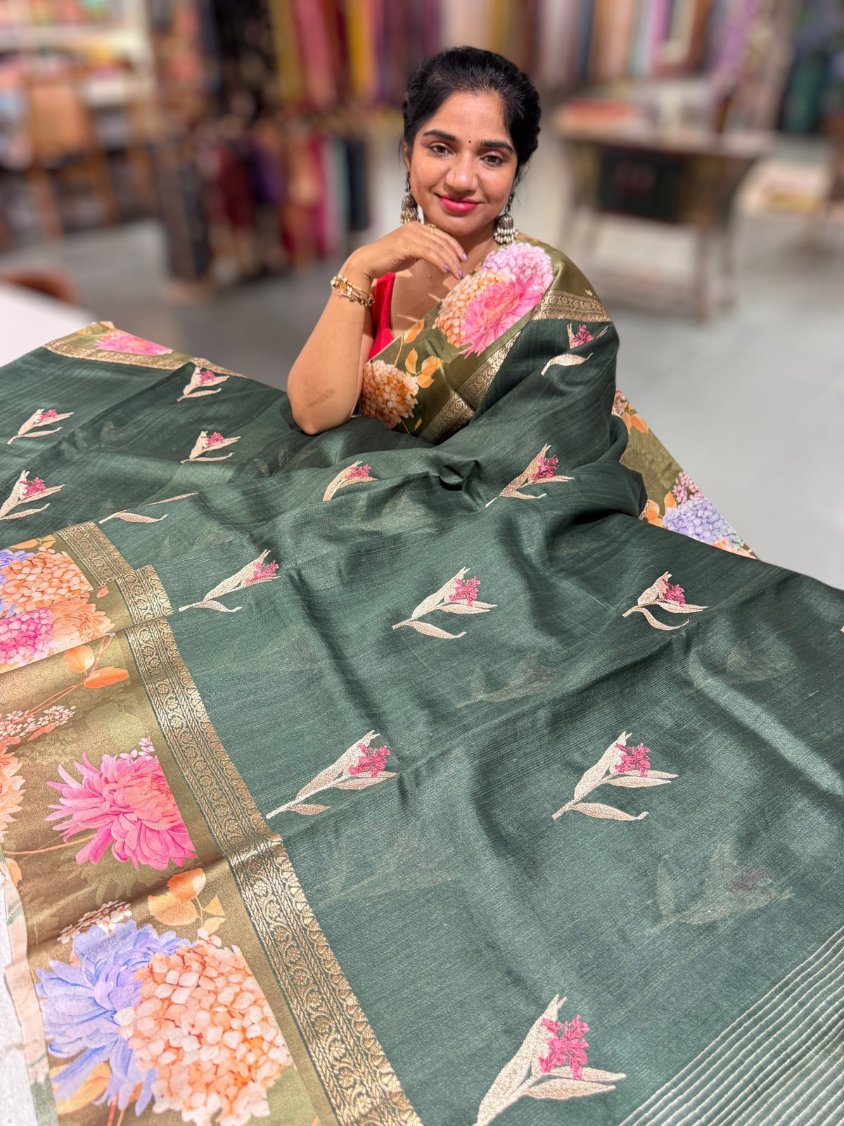 Forest Green Tussar Dhupion Saree with Floral printed mashru borders