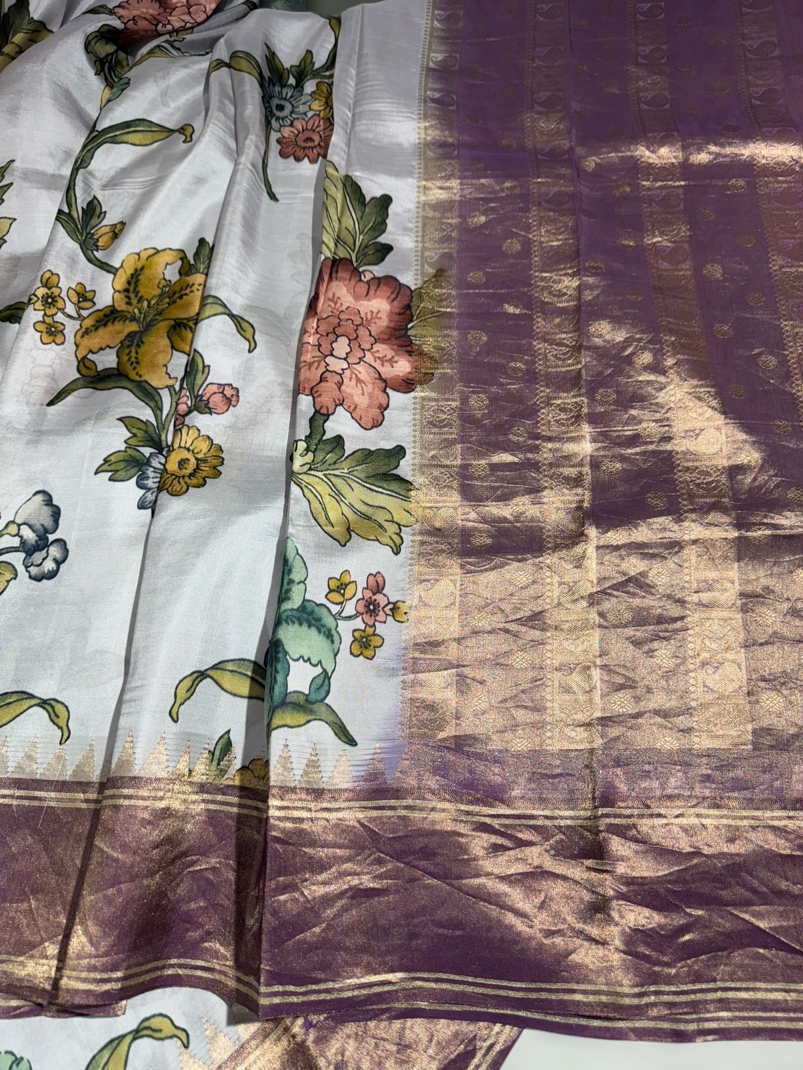 Silverish-Grey Kanjeevaram Designer print saree