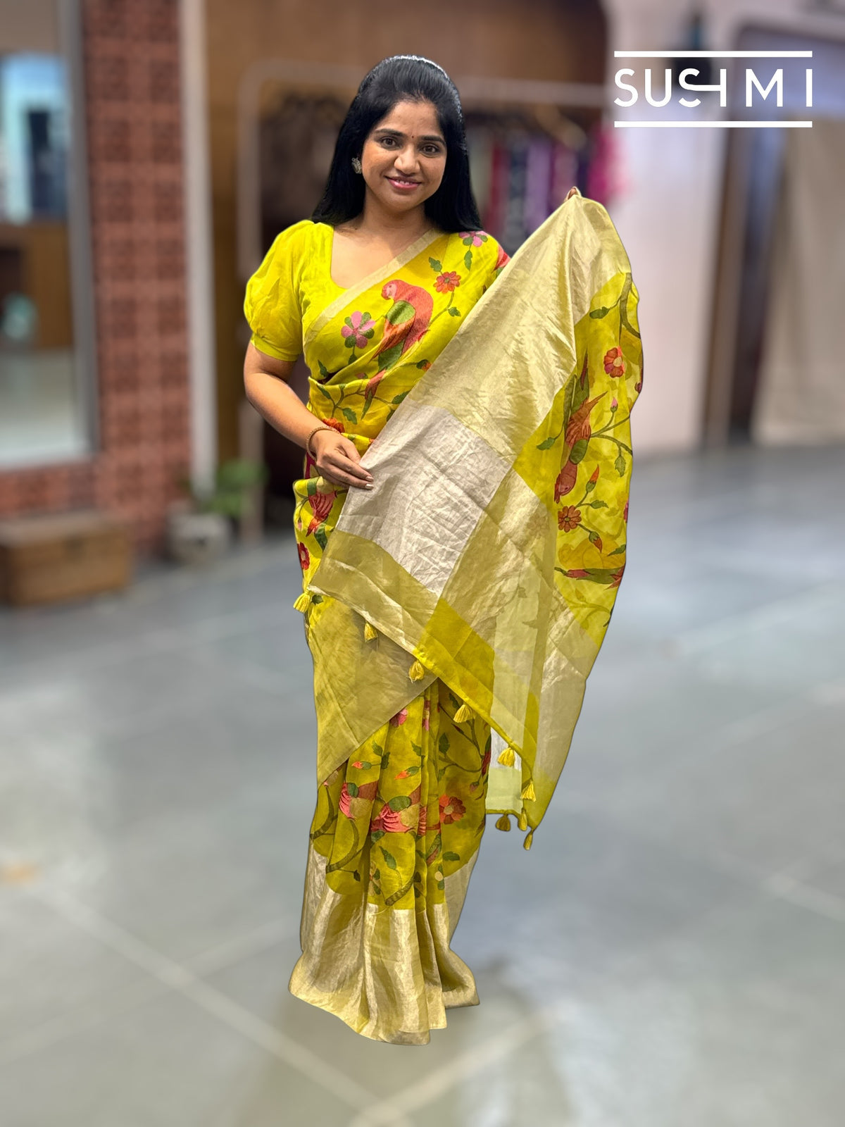 Lime Green Organza Saree with embroidery