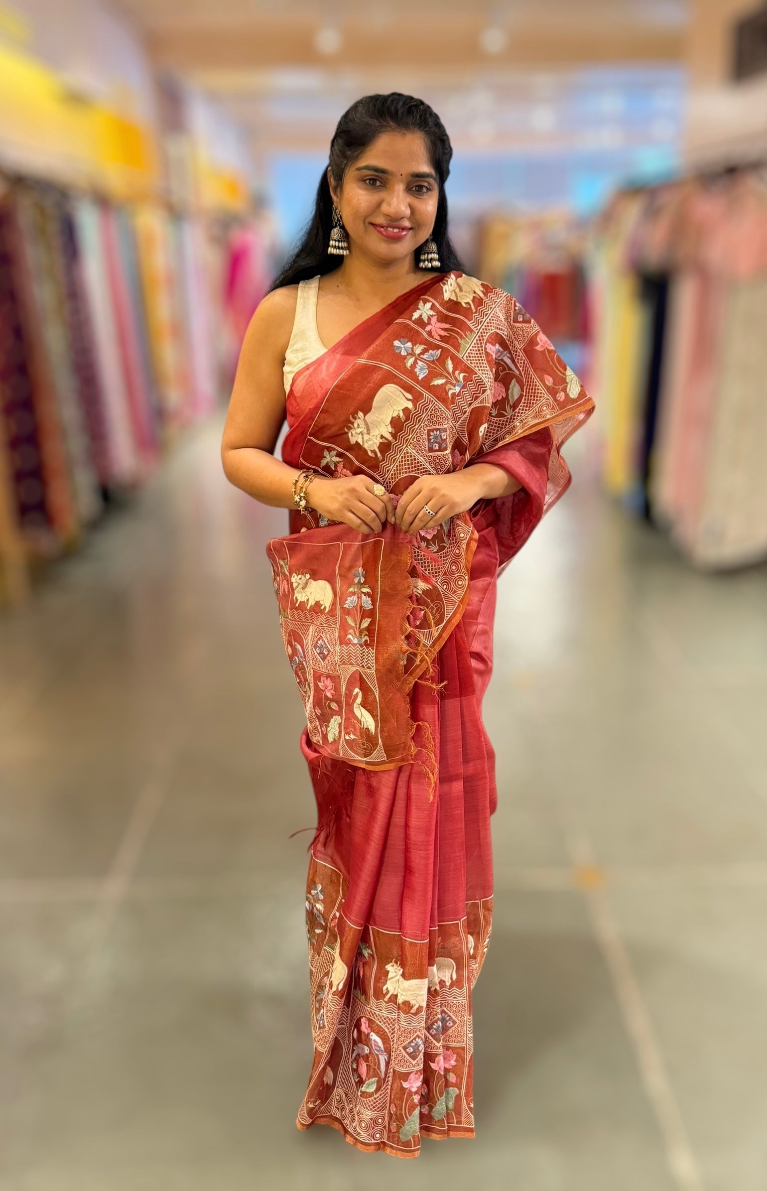 Rust Red/ Brick Red Kora-Tussar blend Handloom Saree with Tissue embroidered Skirt Border