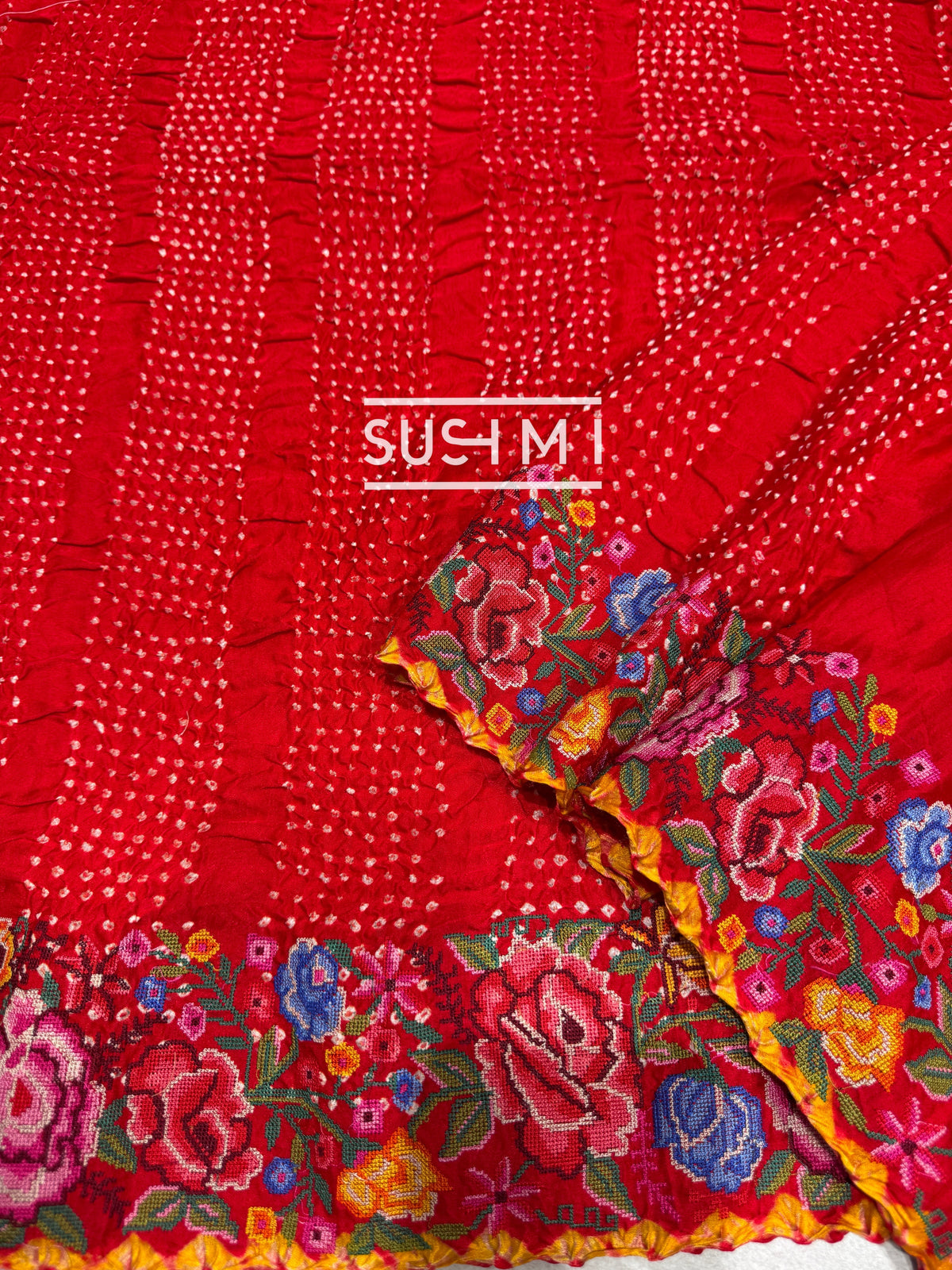 Chilli Red Pure Gajji Silk Rai bandhej Saree with petite point embroidery : SM082