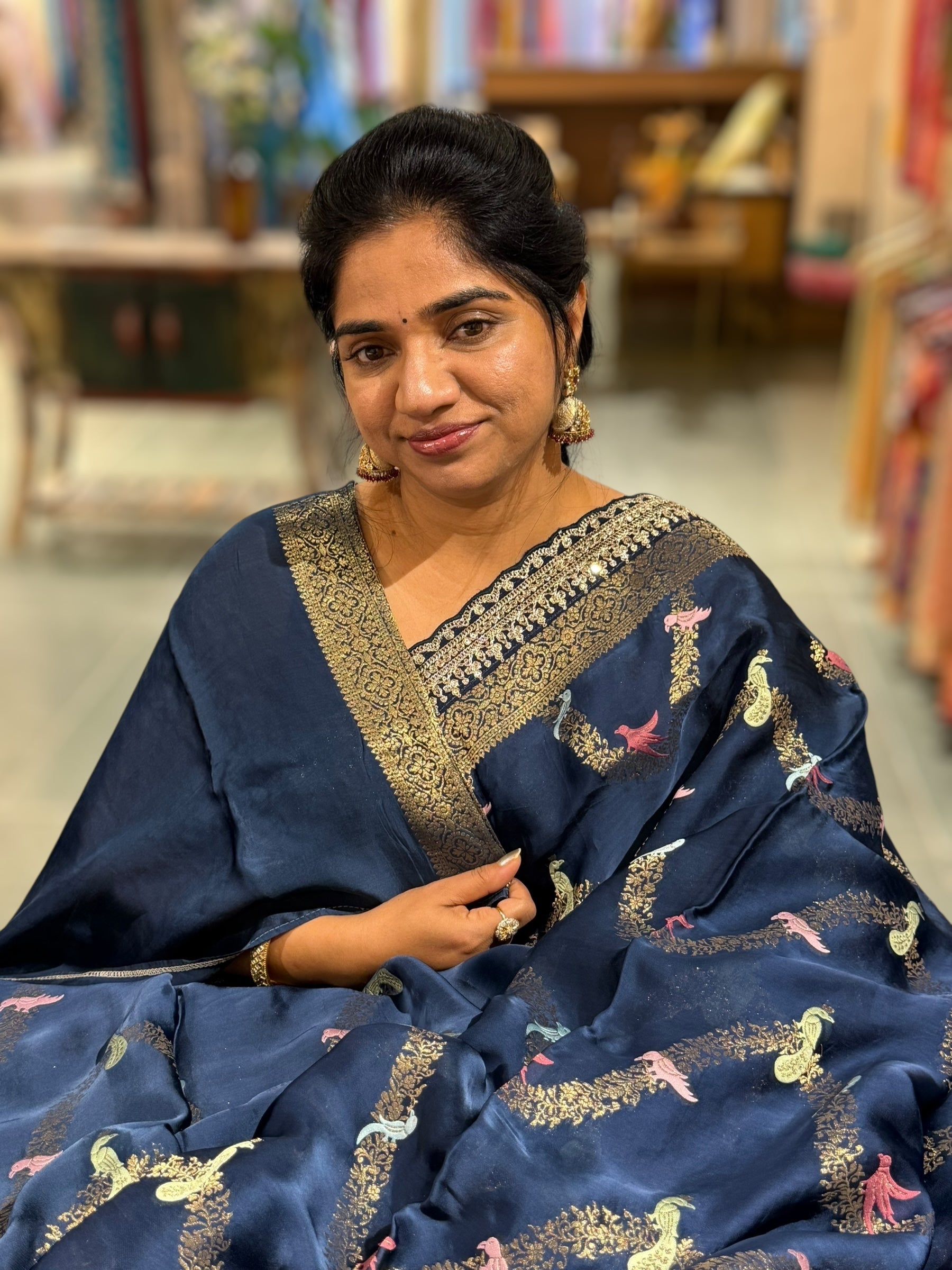 Midnight Blue Mashru Silk Saree with allover weaving and Sahbysachi borders and Blouse