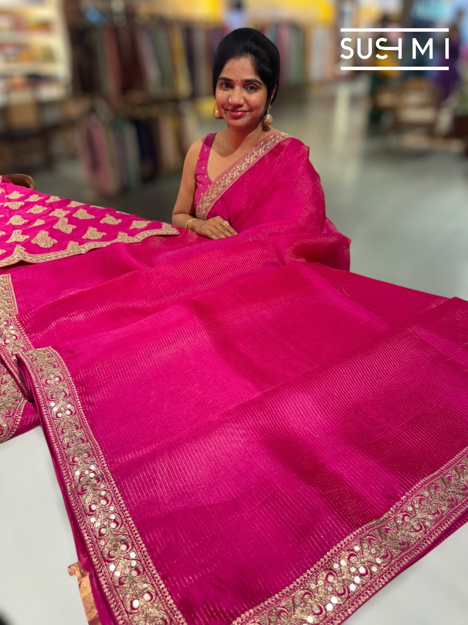 Fushcia Pink Organza Saree with sabhyasachi borders S62116