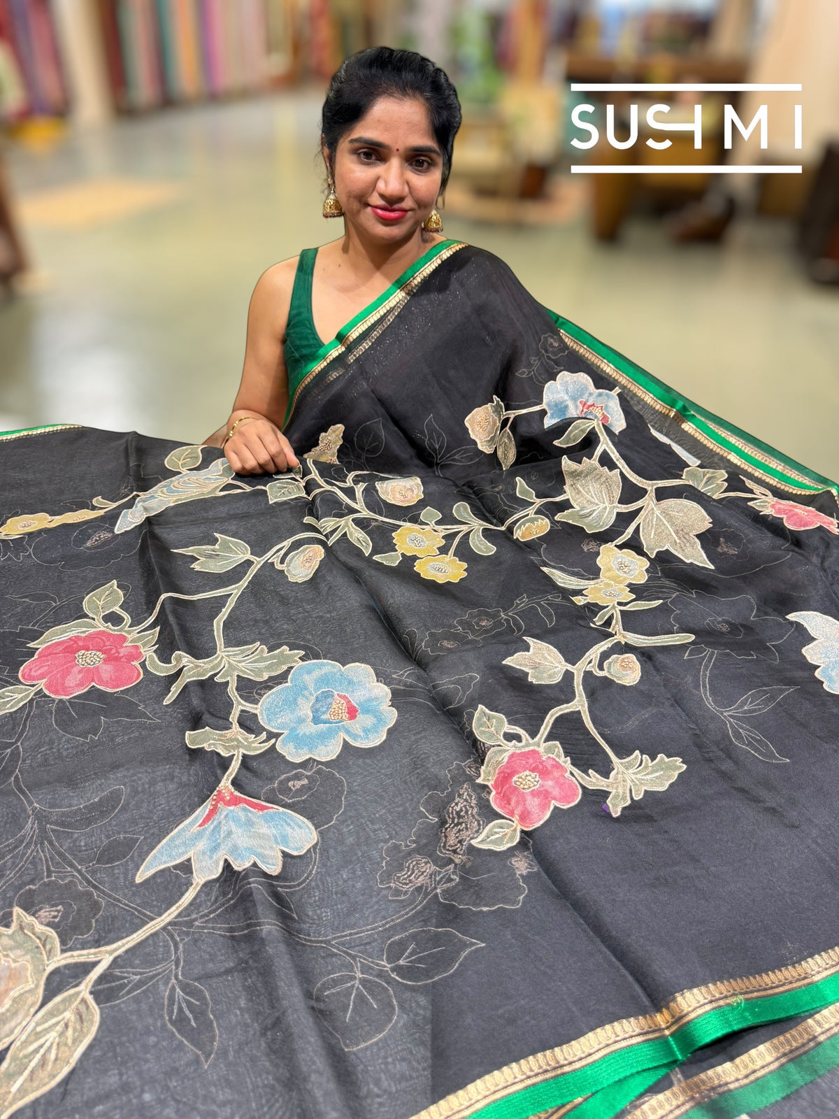 Black Designer Organza with Tissue applique work : S62F094