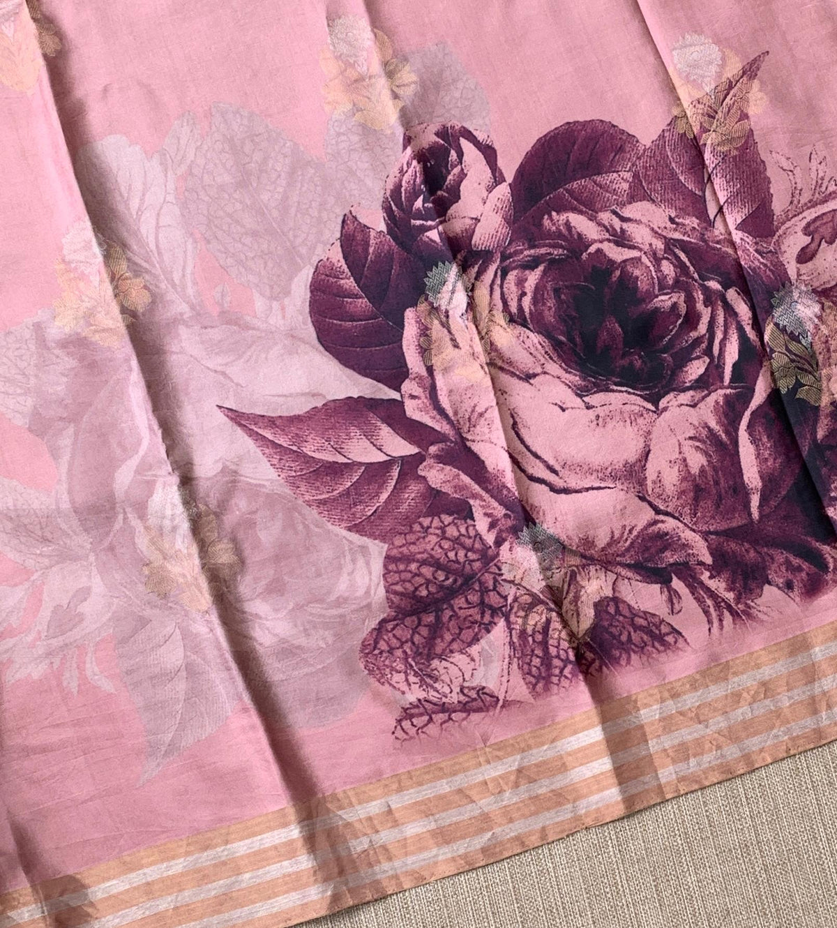 Onion Pink Printed Kanchi Soft Silk Saree with Bold Rose Flower Print.