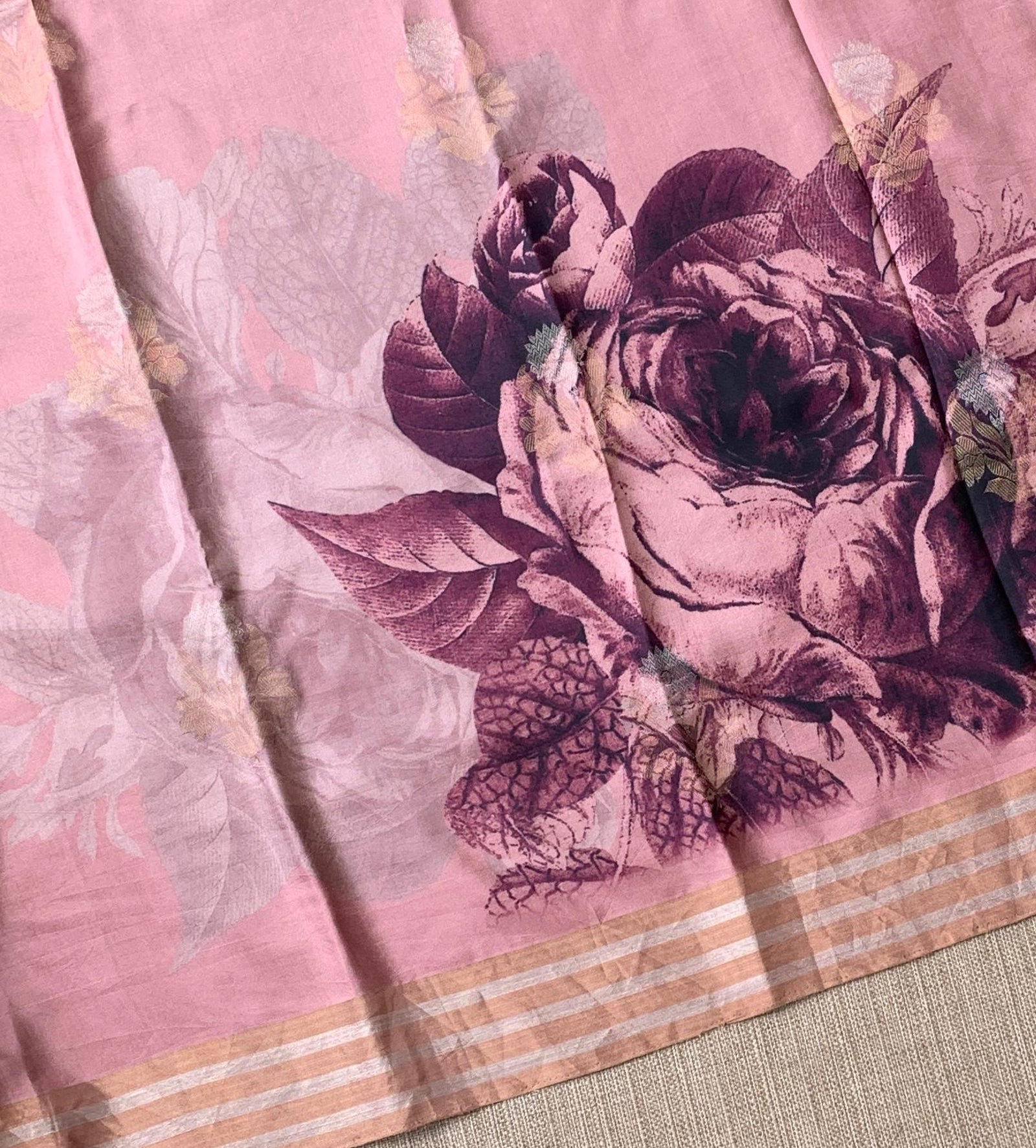 Onion Pink Printed Kanchi Soft Silk Saree with Bold Rose Flower Print.