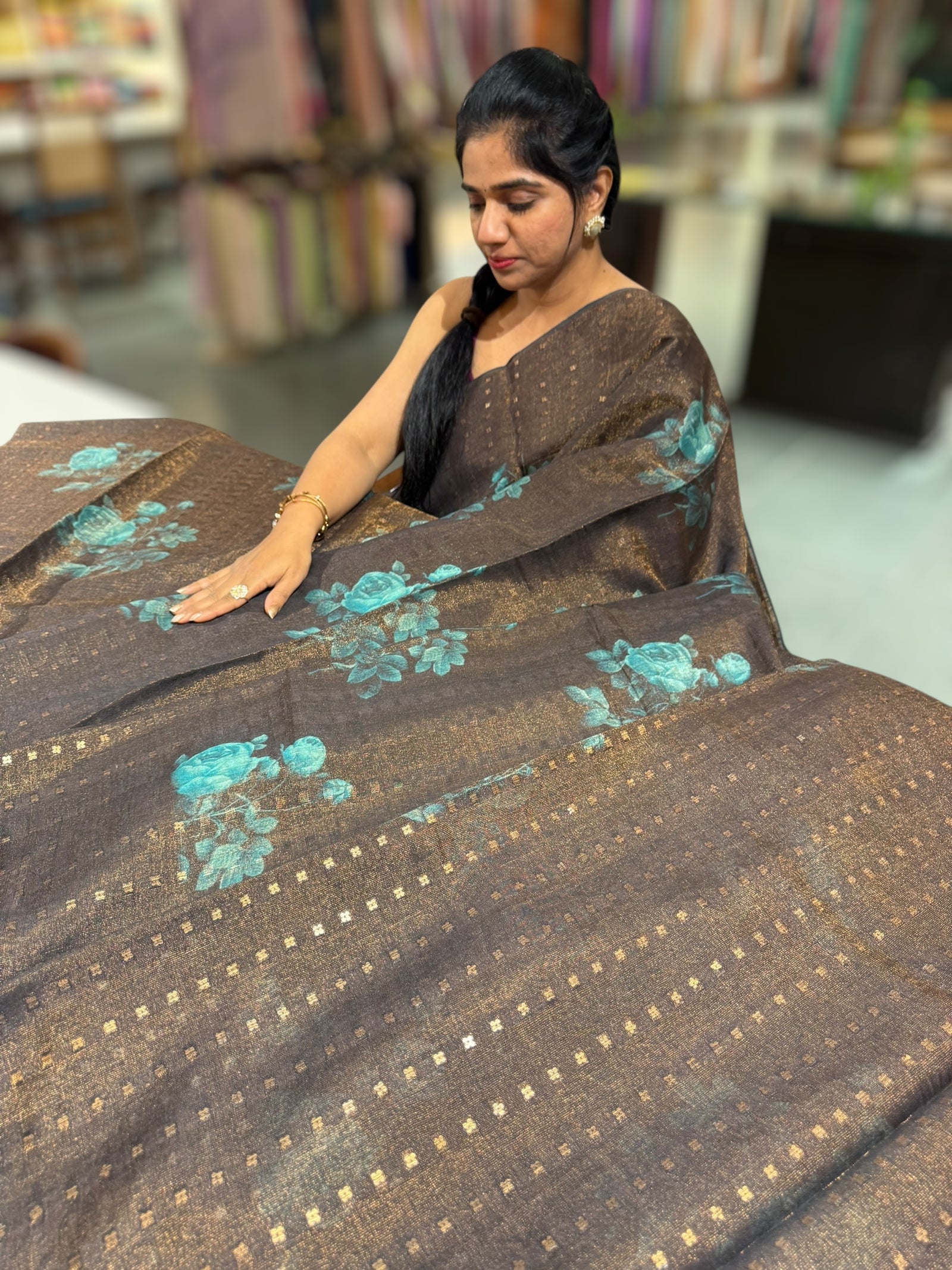 Darkest Brown Printed Tussar Tissue Saree