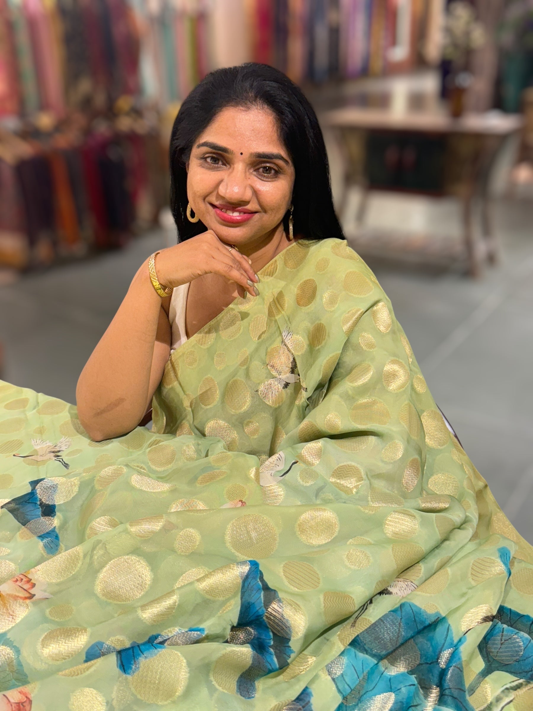 Mint Green Banarasi Kora Gorgette Polka dot Printed Saree