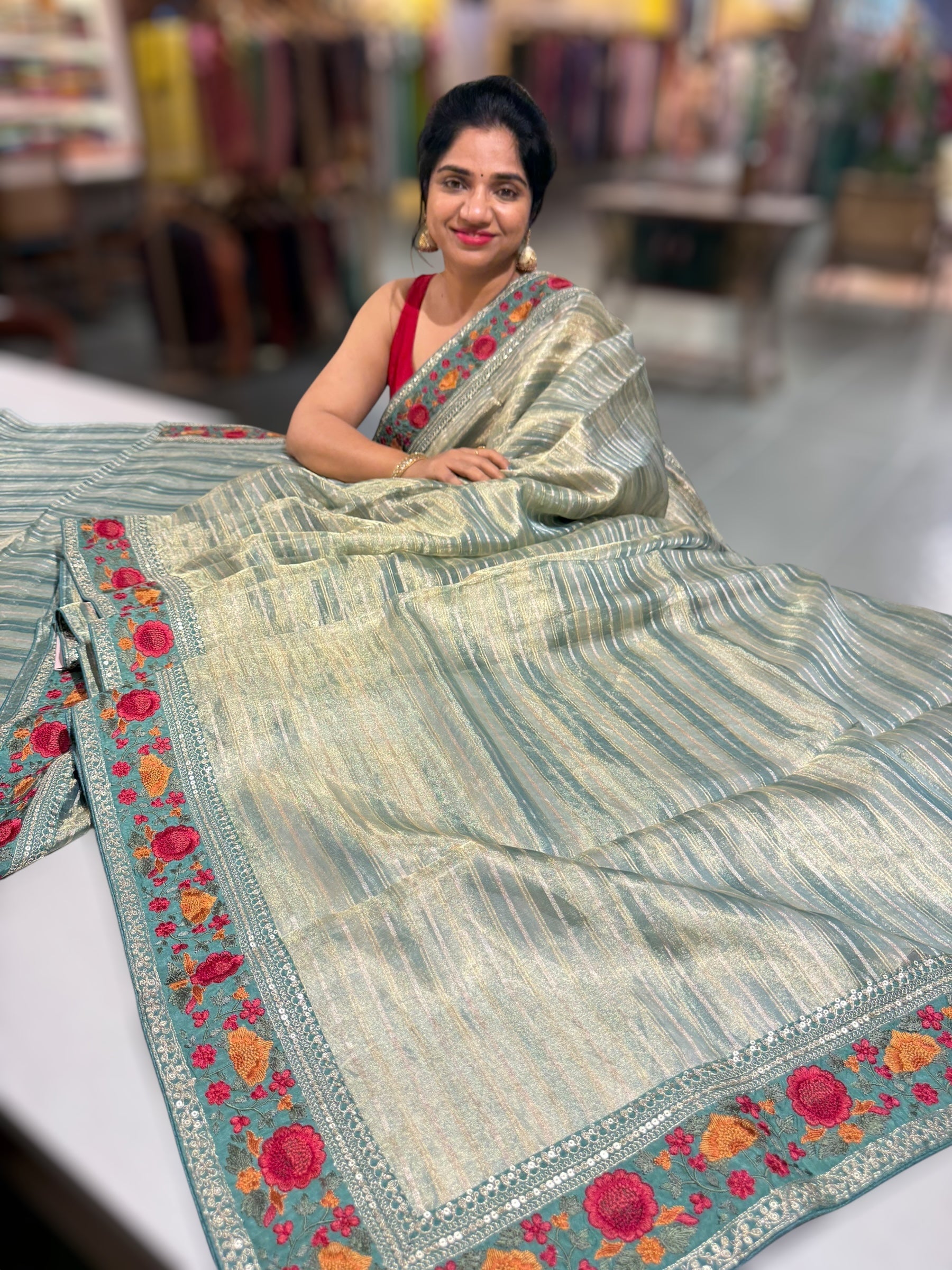 Sage Green Kora Tissue Stripes Saree with Sabhyasachi Style Embroidered Borders & Blouse