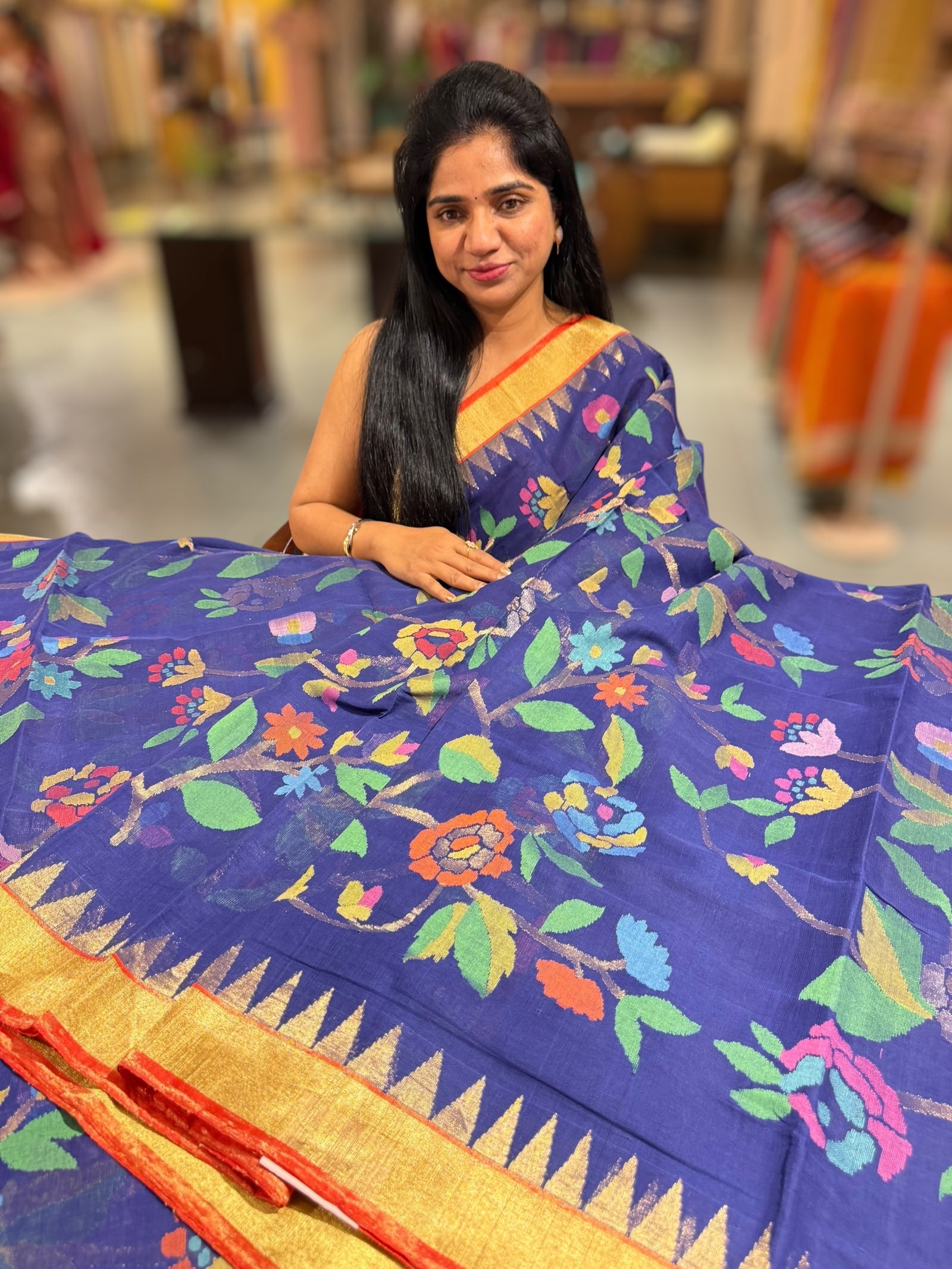 Royal Blue allover ponduru khadi jamdani
