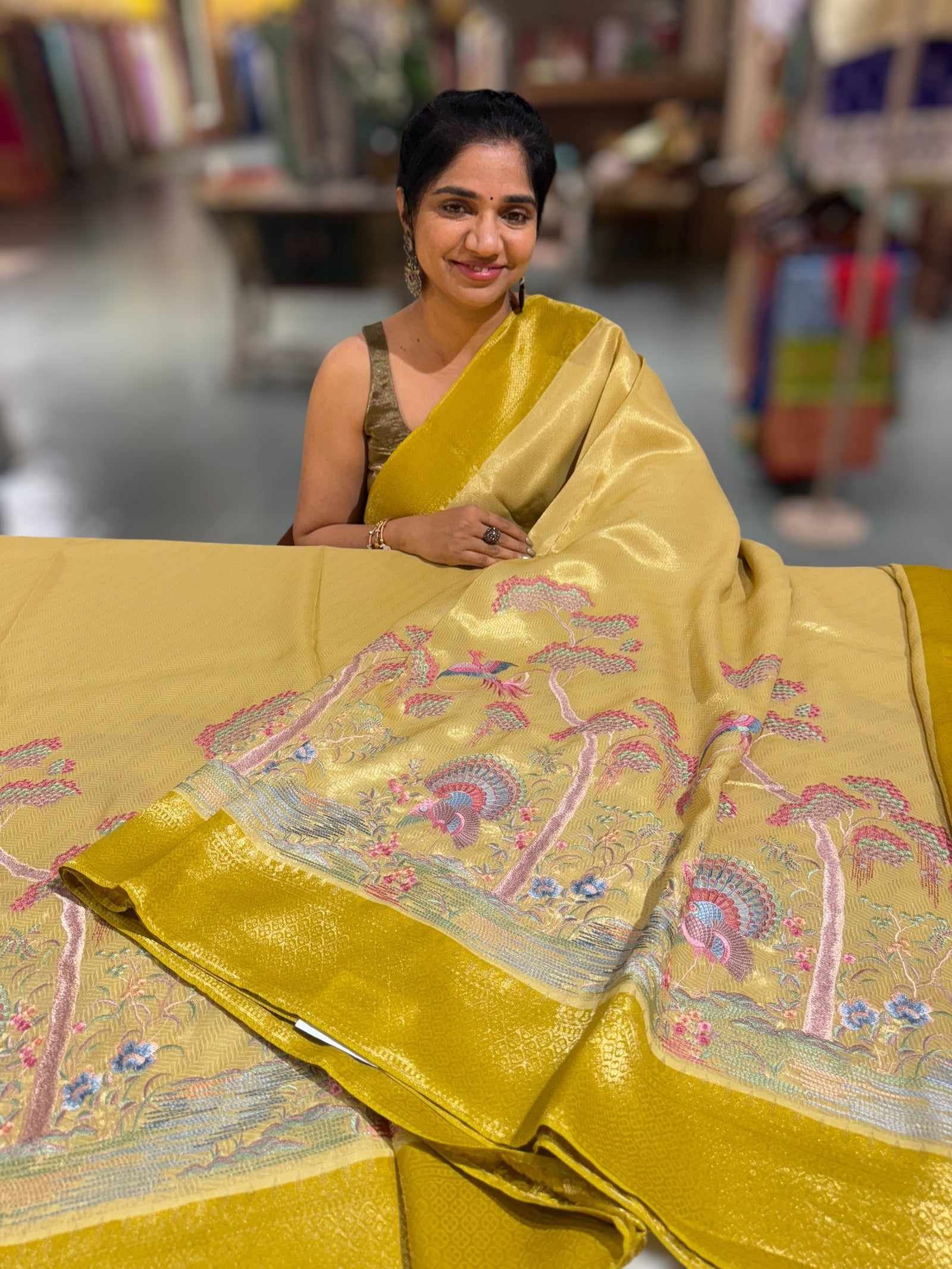 Yellow Banarasi Tonchoi Brocade Saree with Parsi Gara style embroidery