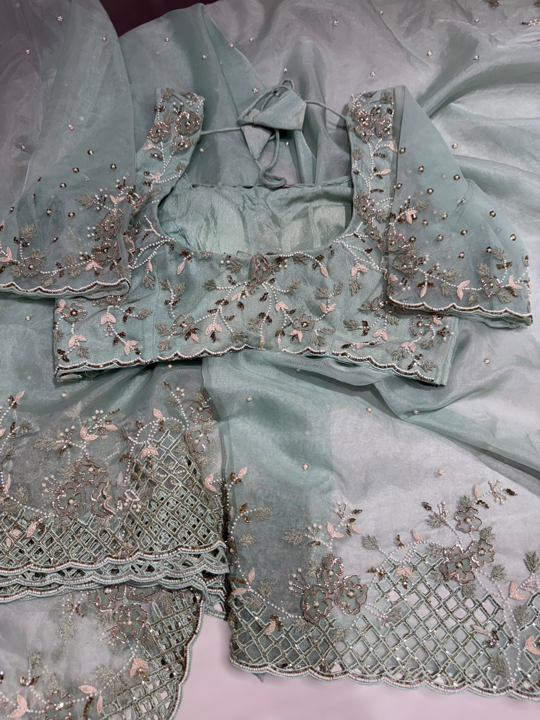 Mint Organza handwork saree with heavy cutwork handwork border ready to wear blouse
