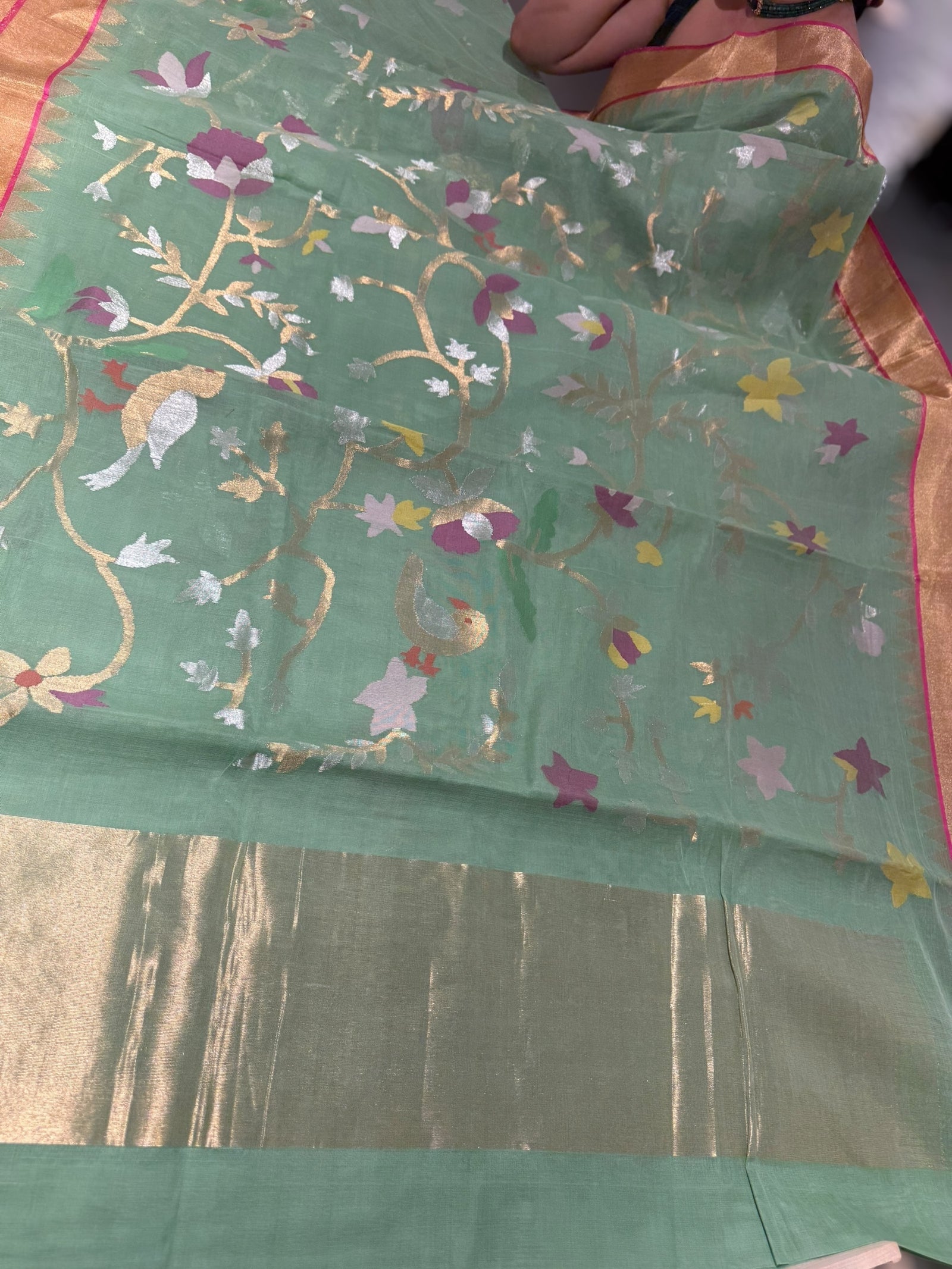 Light Apple Green Ponduru Khadi Jamdani Allover Meenkari Weaving Saree