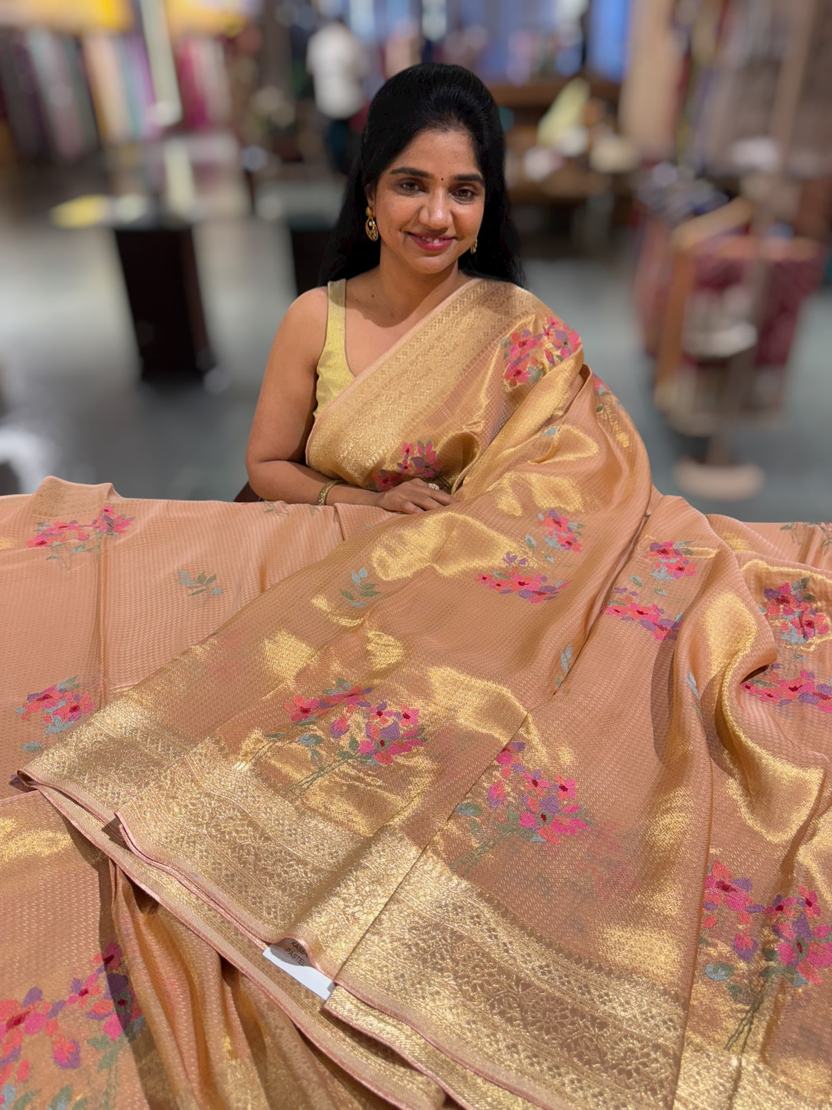 Peach Fancy Banarasi tissue tonchoi weaving saree with embroidery