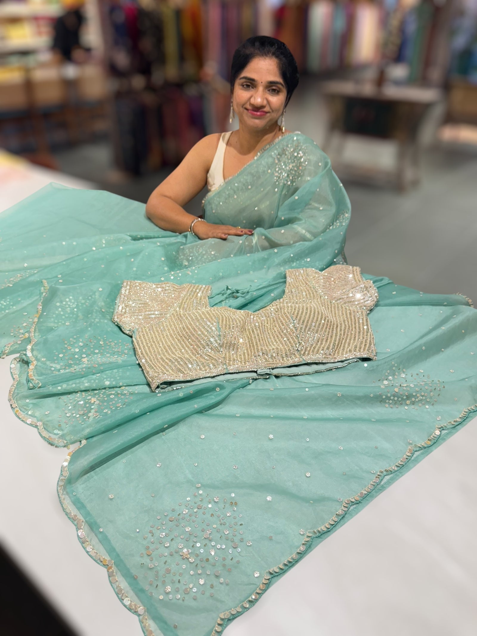 Mint Organza Saree with handwork borders and allover handwork ready to wear blouse