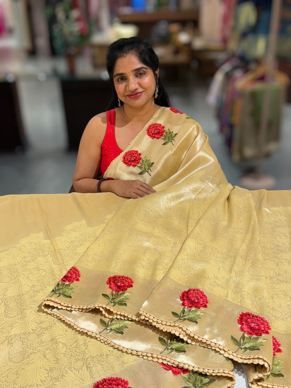 Pastel yellow Banarasi Brocade tissue saree with tonchui style weaving & embroidered dahlia flower border
