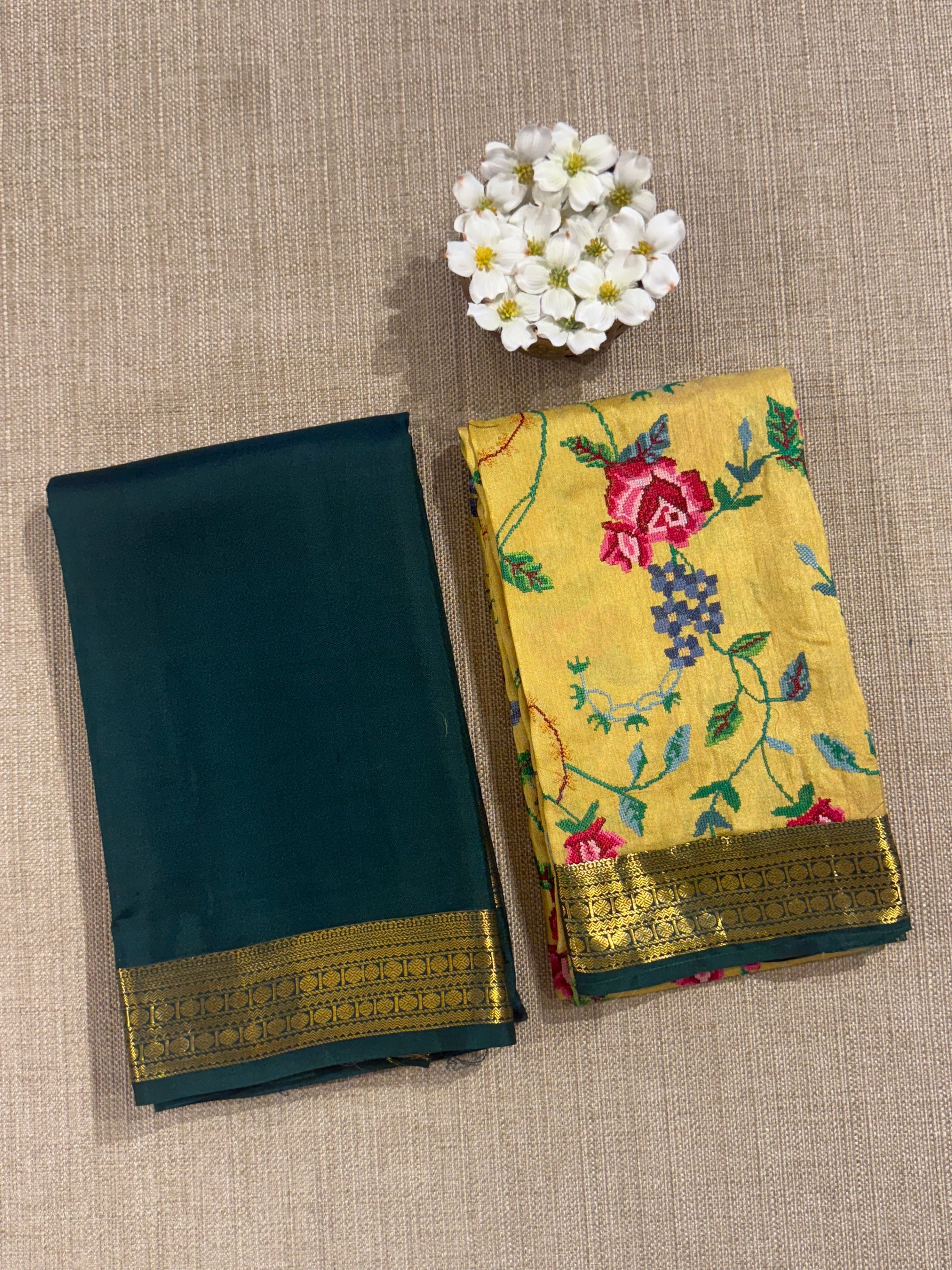 Bottle Green Kanchi Vintage Saree with Petite Point Embroidered Blouse