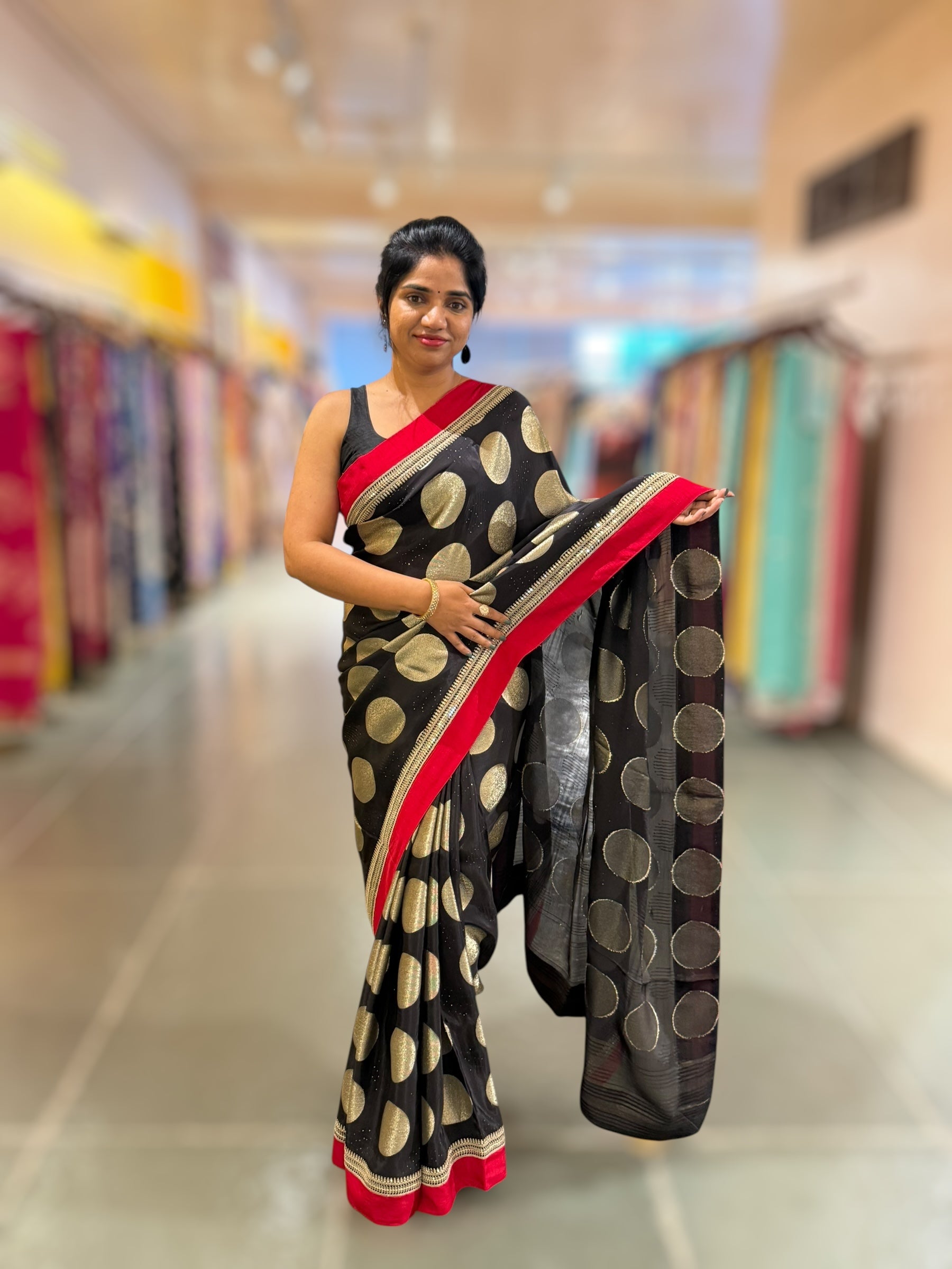 Black Crepe Silk Polka dot Saree with sabhyasachi Borders & Blouse