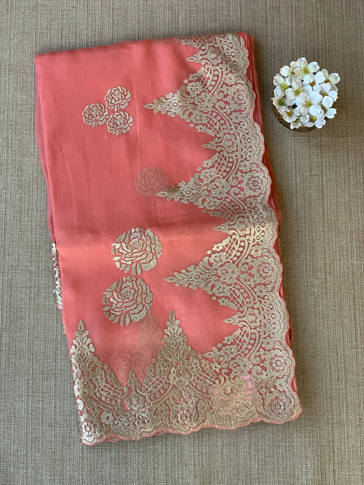 Coral Peach Organza with chantilly Lace embroidery